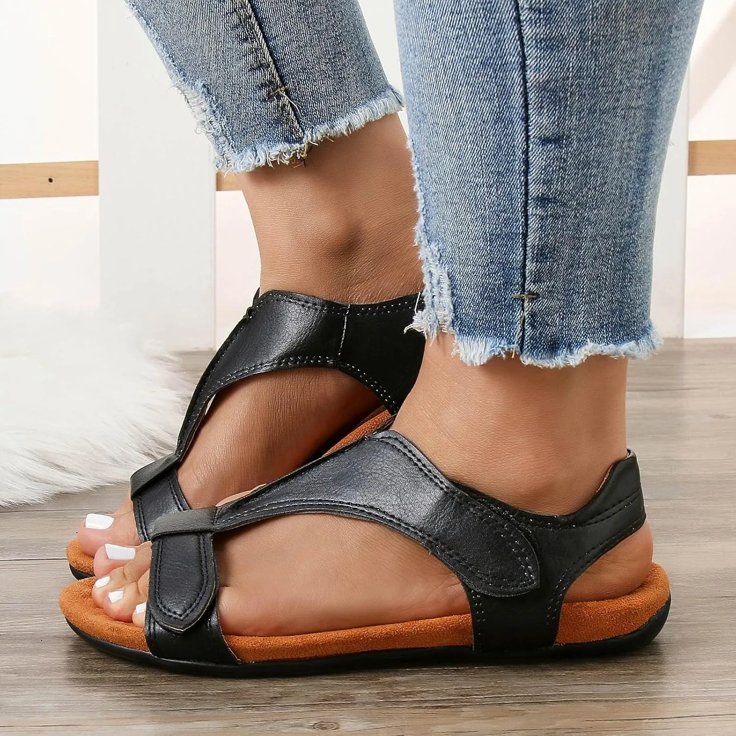SuanlaTDS Flat Sandals for Women Dressy Summer Bohemian Comfortable Adjustable Ankle Strap Open Toe Platform Low Heels Orthopedic Sandals with Arch Support Elegant Casual Walking Shoes