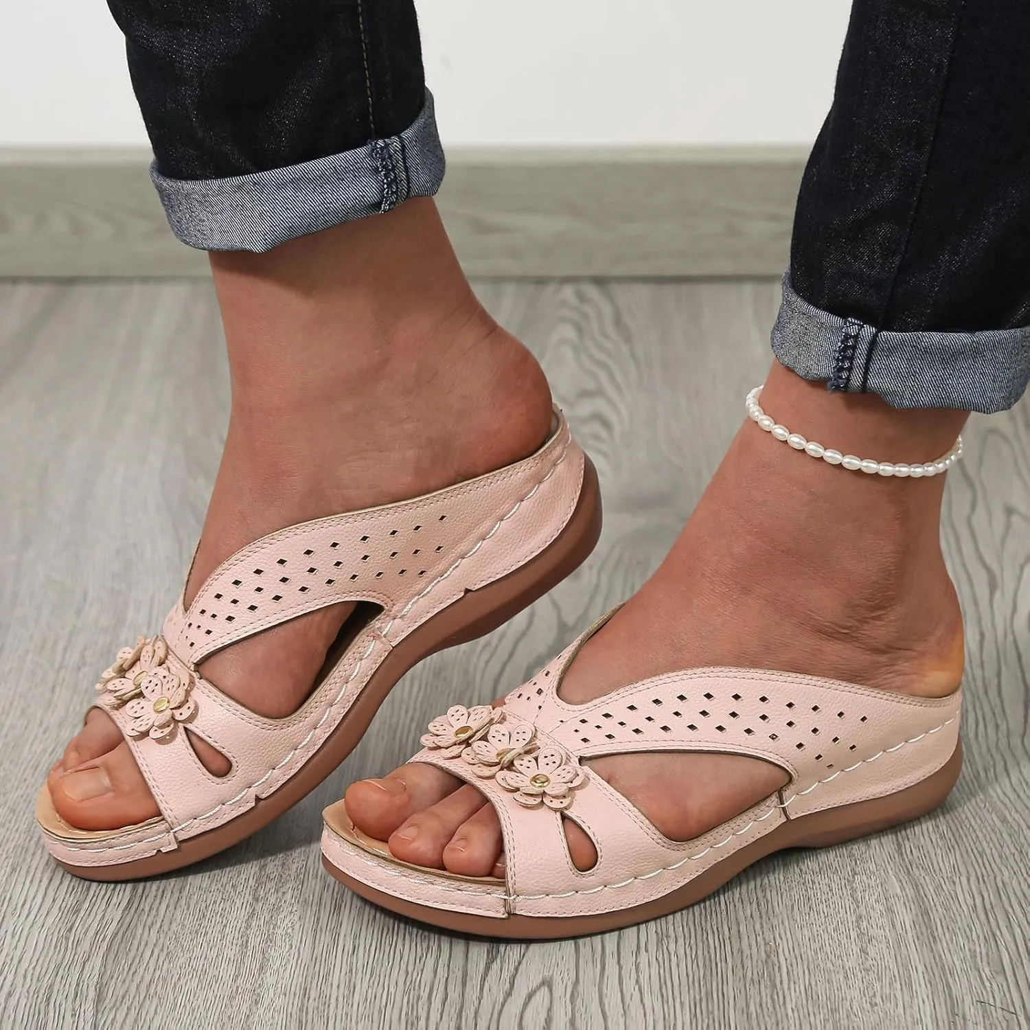 SuanlaTDS Orthopedic Sandals for Women 2025 Dressy Summer Comfortable Wedge Orthotic Walking Slippers with Arch Support Outdoor Flat Slip-on Beach Travel Boho Platform Low Heel Slide Sandal
