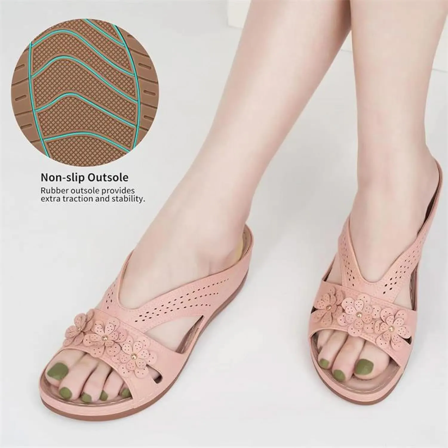 SuanlaTDS Orthopedic Sandals for Women 2025 Dressy Summer Comfortable Wedge Orthotic Walking Slippers with Arch Support Outdoor Flat Slip-on Beach Travel Boho Platform Low Heel Slide Sandal