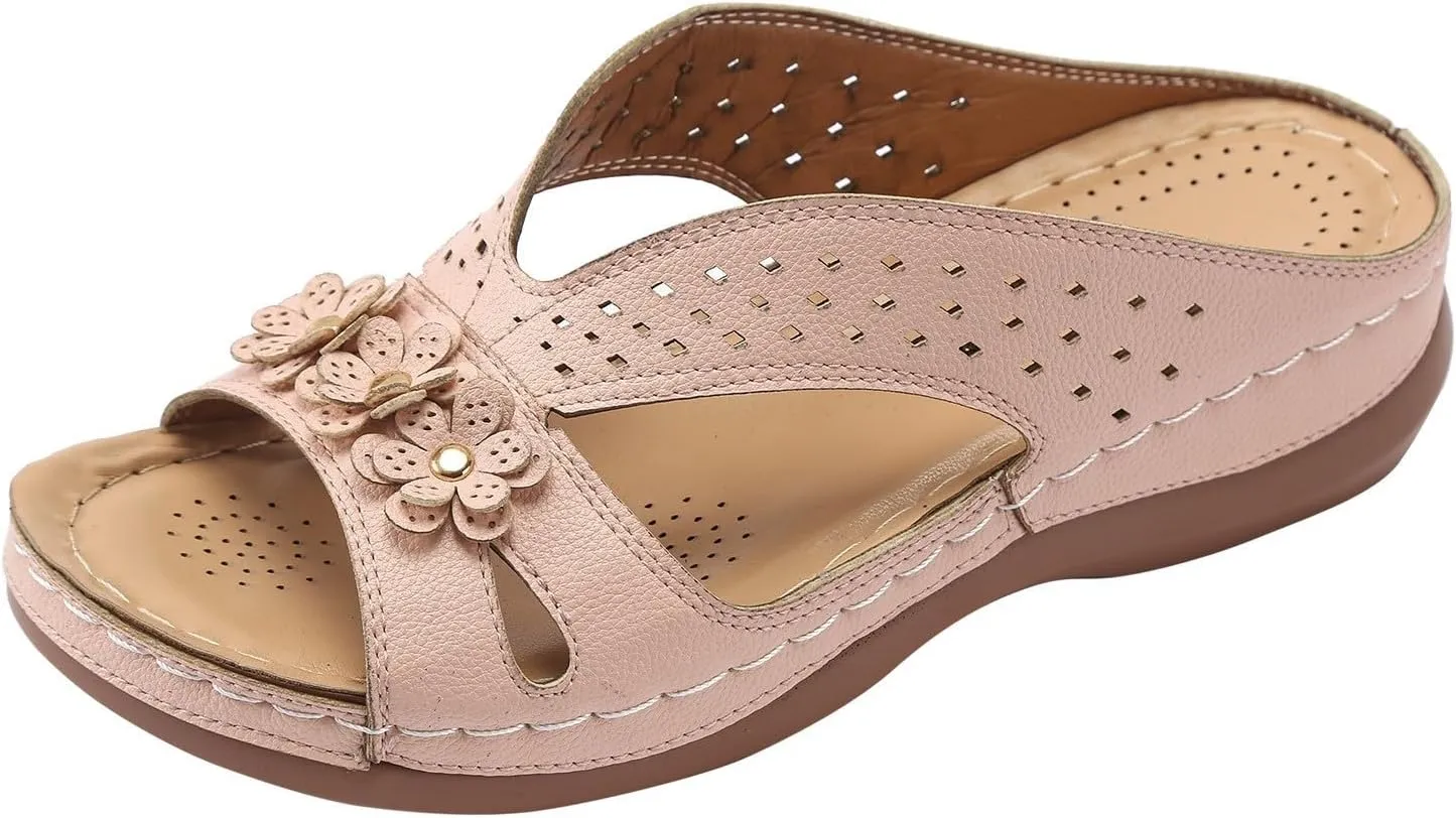 SuanlaTDS Orthopedic Sandals for Women 2025 Dressy Summer Comfortable Wedge Orthotic Walking Slippers with Arch Support Outdoor Flat Slip-on Beach Travel Boho Platform Low Heel Slide Sandal