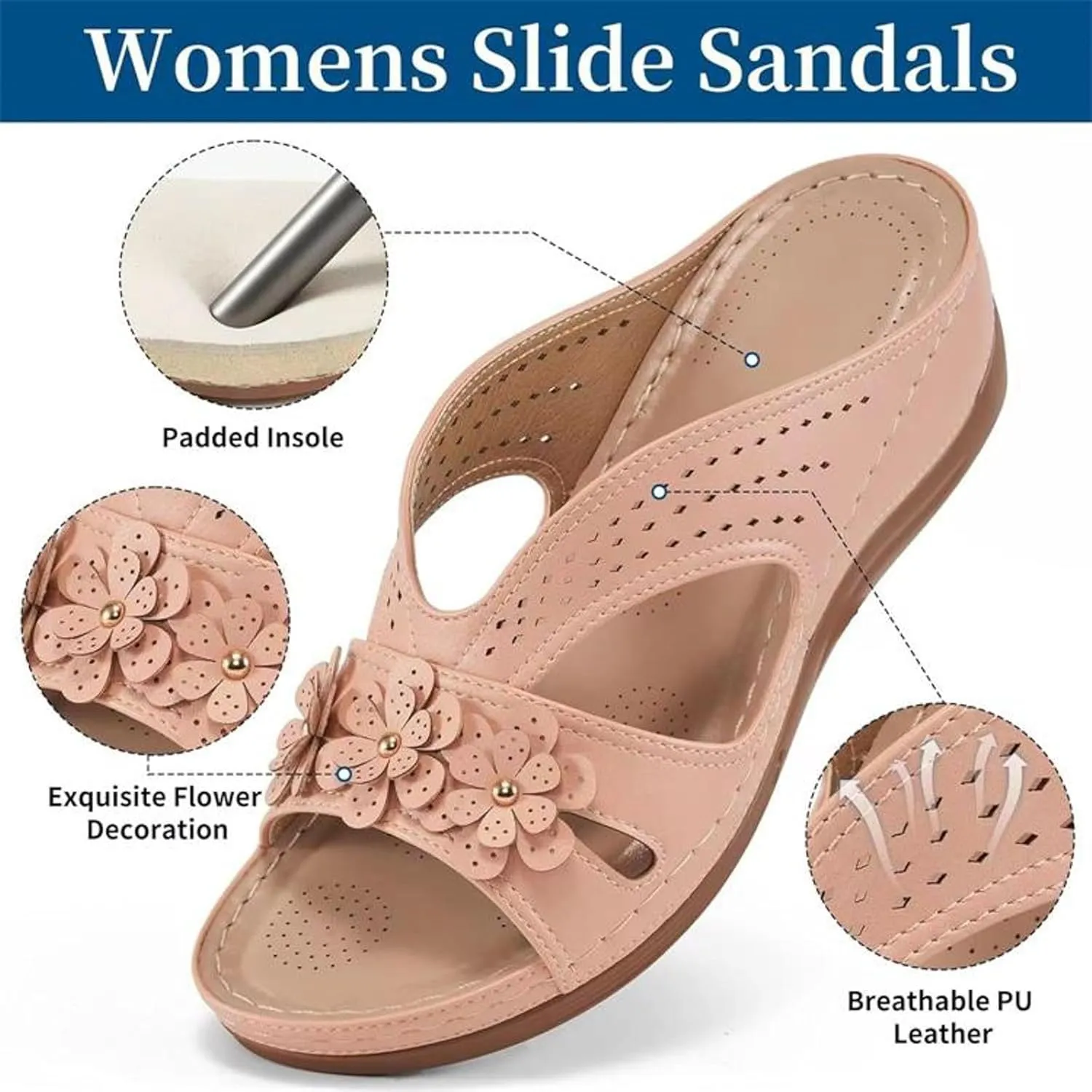 SuanlaTDS Orthopedic Sandals for Women 2025 Dressy Summer Comfortable Wedge Orthotic Walking Slippers with Arch Support Outdoor Flat Slip-on Beach Travel Boho Platform Low Heel Slide Sandal