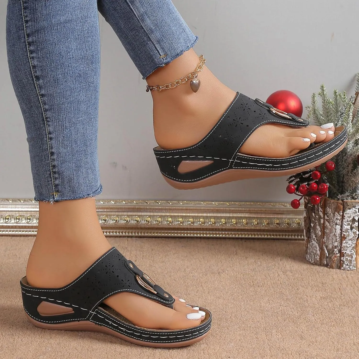 SuanlaTDS Orthopedic Wedge Flip Flops Sandals for Women Summer Dressy Open Toe Platform Arch Support Slippers 2025 Comfortable Slip On Slides Beach Shoes Low Heels Outdoor Walking Sandal