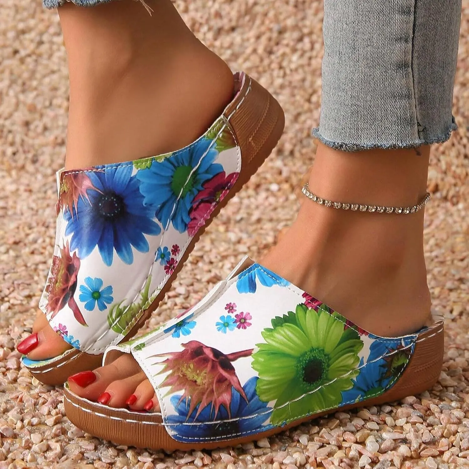 SuanlaTDS Orthopedic Wedge Sandals for Women 2025 Comfortable Low Heels Open Toe Platform Arch Support Dressy Summer Casual Boho Slip On Slides Sandal Beach Outdoor Vacation Dress Shoes