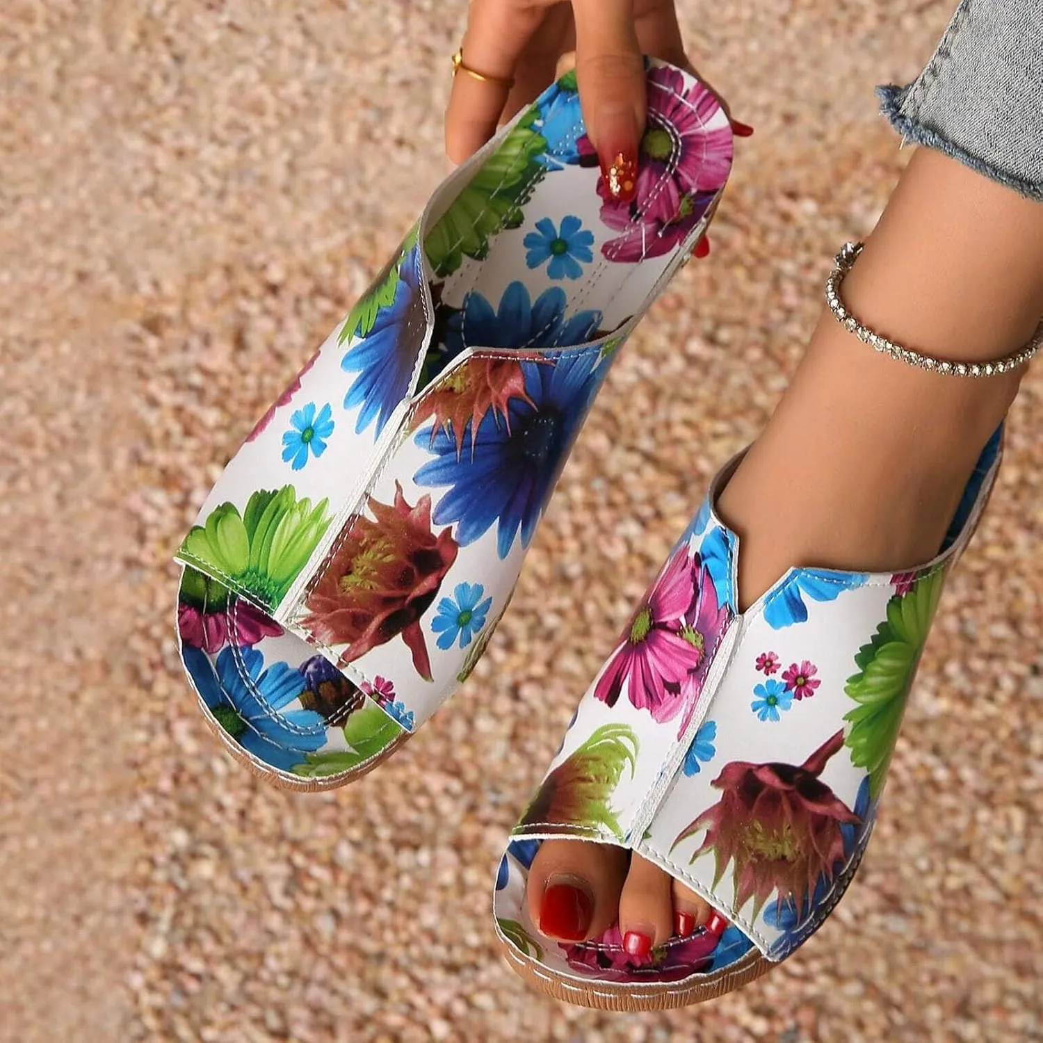 SuanlaTDS Orthopedic Wedge Sandals for Women 2025 Comfortable Low Heels Open Toe Platform Arch Support Dressy Summer Casual Boho Slip On Slides Sandal Beach Outdoor Vacation Dress Shoes