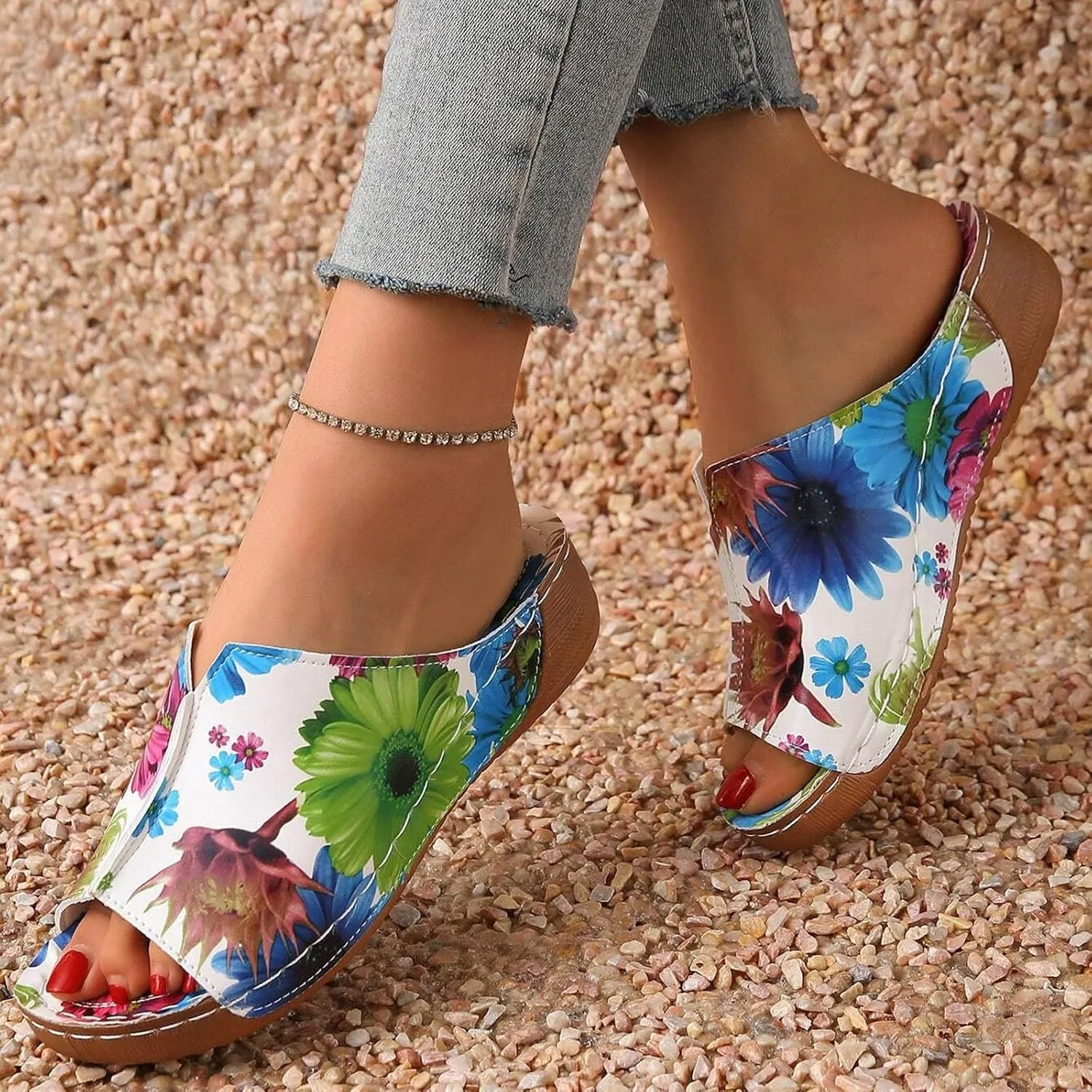 SuanlaTDS Orthopedic Wedge Sandals for Women 2025 Comfortable Low Heels Open Toe Platform Arch Support Dressy Summer Casual Boho Slip On Slides Sandal Beach Outdoor Vacation Dress Shoes