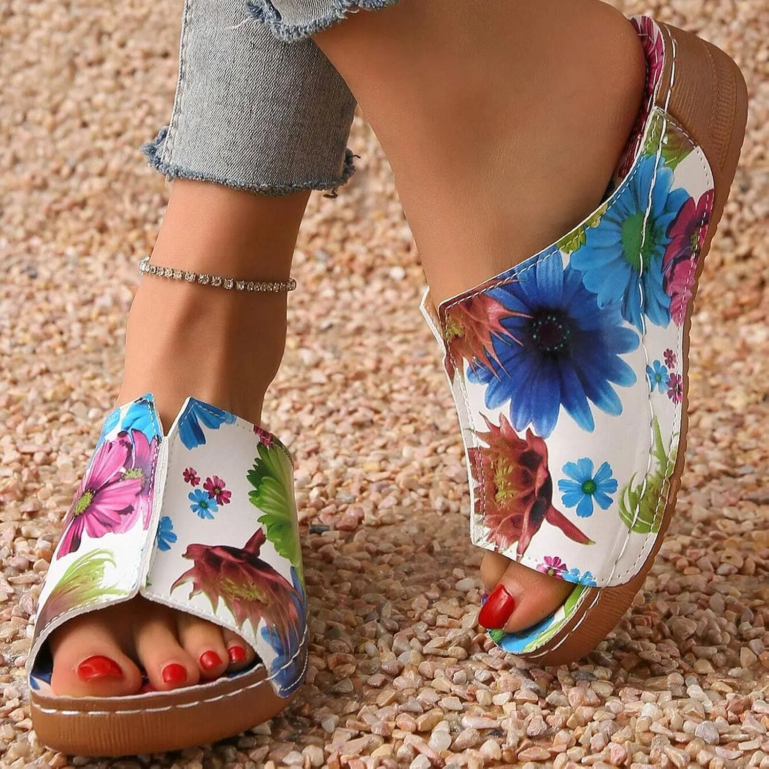 SuanlaTDS Orthopedic Wedge Sandals for Women 2025 Comfortable Low Heels Open Toe Platform Arch Support Dressy Summer Casual Boho Slip On Slides Sandal Beach Outdoor Vacation Dress Shoes