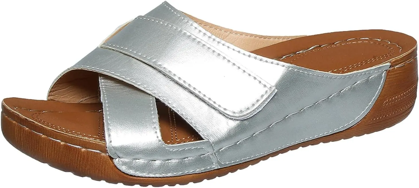 SuanlaTDS Platform Summer Sandals for Women Orthopedic Arch Support Wedge 2025 Comfortable Dressy Open Toe Slip On Beach Boho Outdoor Walking Shoes Wedges Low Heels Slide Sandal