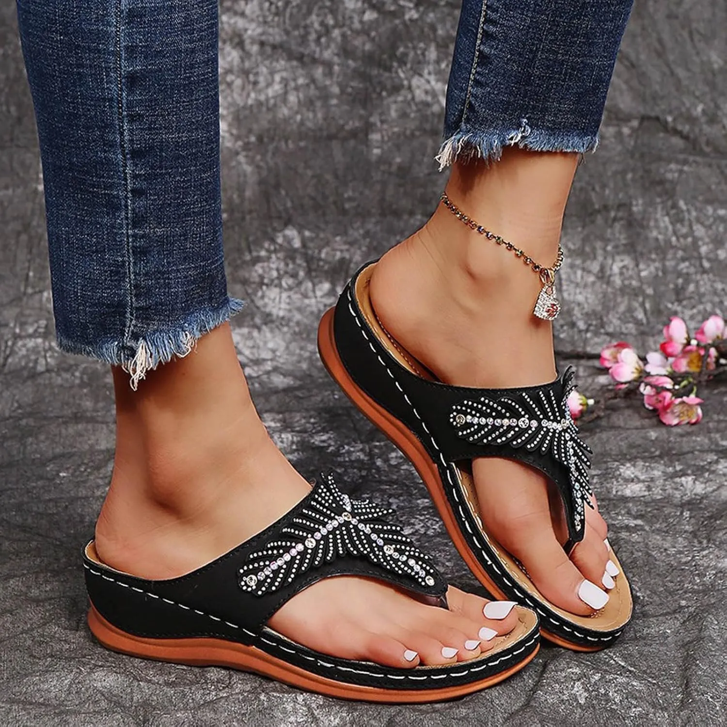 SuanlaTDS Wedge Flip Flops Orthopedic Sandals for Women 2025 Comfortable Arch Support Open Toe Platform Slip On Slides Summer Beach Dress Shoes Low Heels Outdoor Walking Slippers