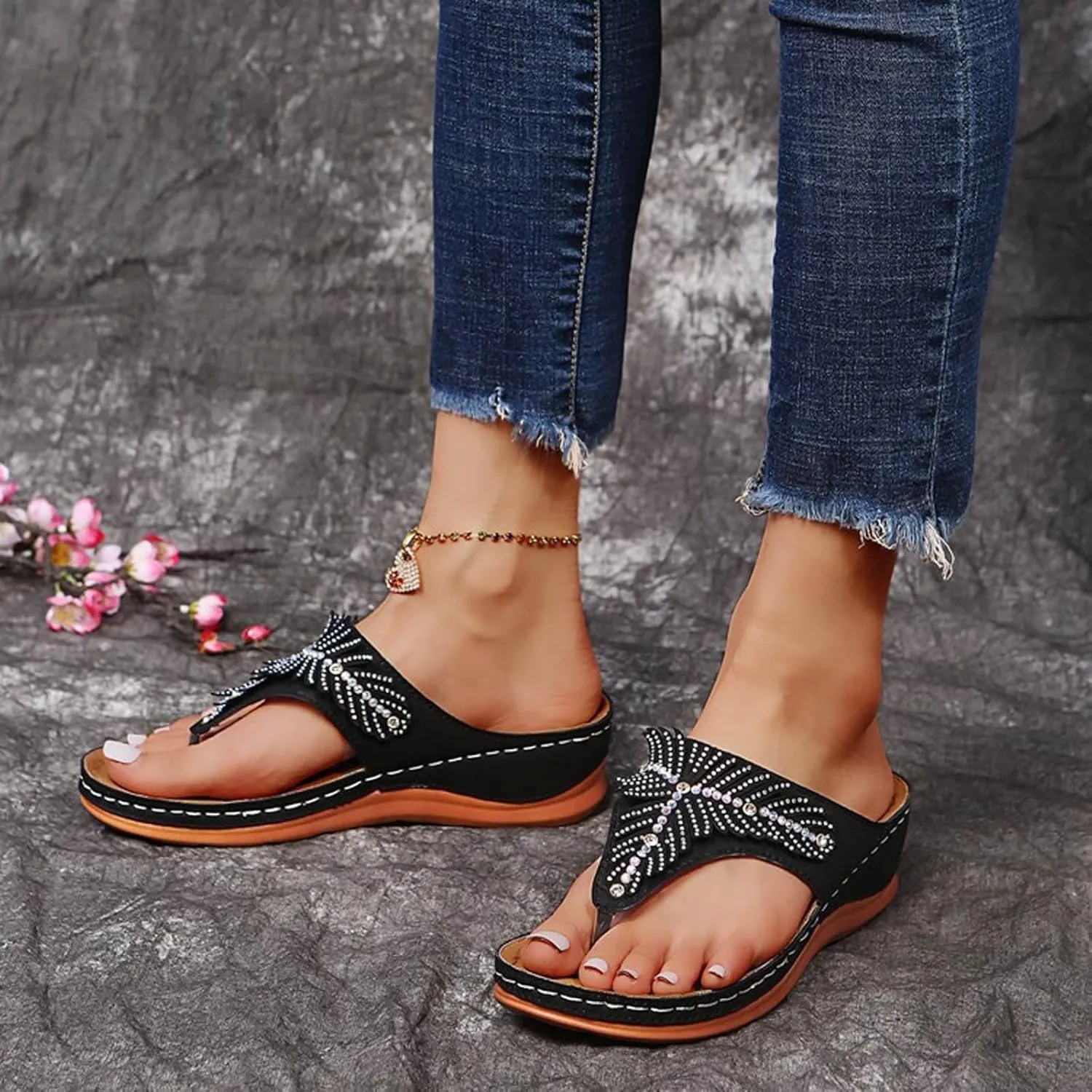 SuanlaTDS Wedge Flip Flops Orthopedic Sandals for Women 2025 Comfortable Arch Support Open Toe Platform Slip On Slides Summer Beach Dress Shoes Low Heels Outdoor Walking Slippers