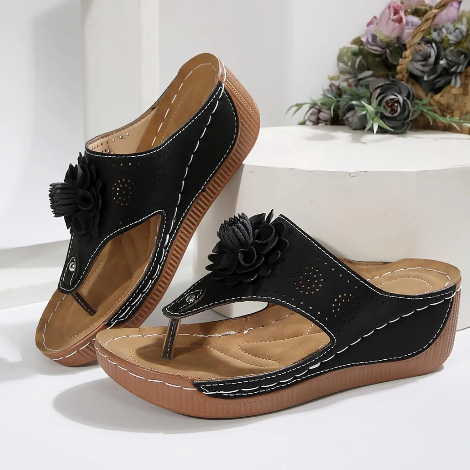 SuanlaTDS Wedge Sandals for Women Orthopedic Flip Flops Dressy Summer Comfortable 2025 Open Toe Walking Slip-on Slides Beach Shoes Daily Casual Wear Platform Low Heel Sandal with Arch Support