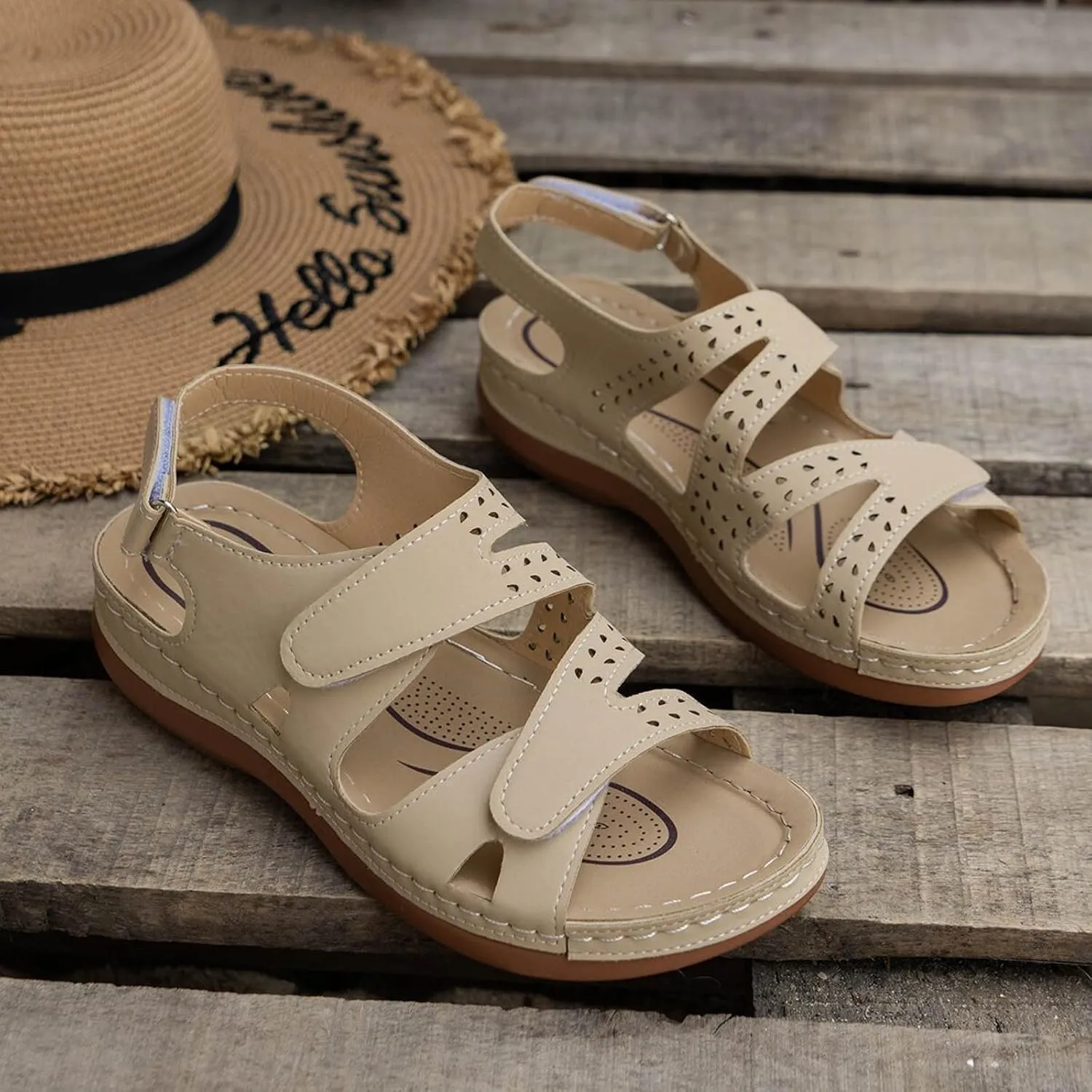 SuanlaTDS Wedge Sandals for Women Summer Dressy Open Toe Adjustable Ankle Strap Platform Comfortable Orthopedic Sandals with Arch Support Low Wedges Heels Outdoor Beach Dress Shoes