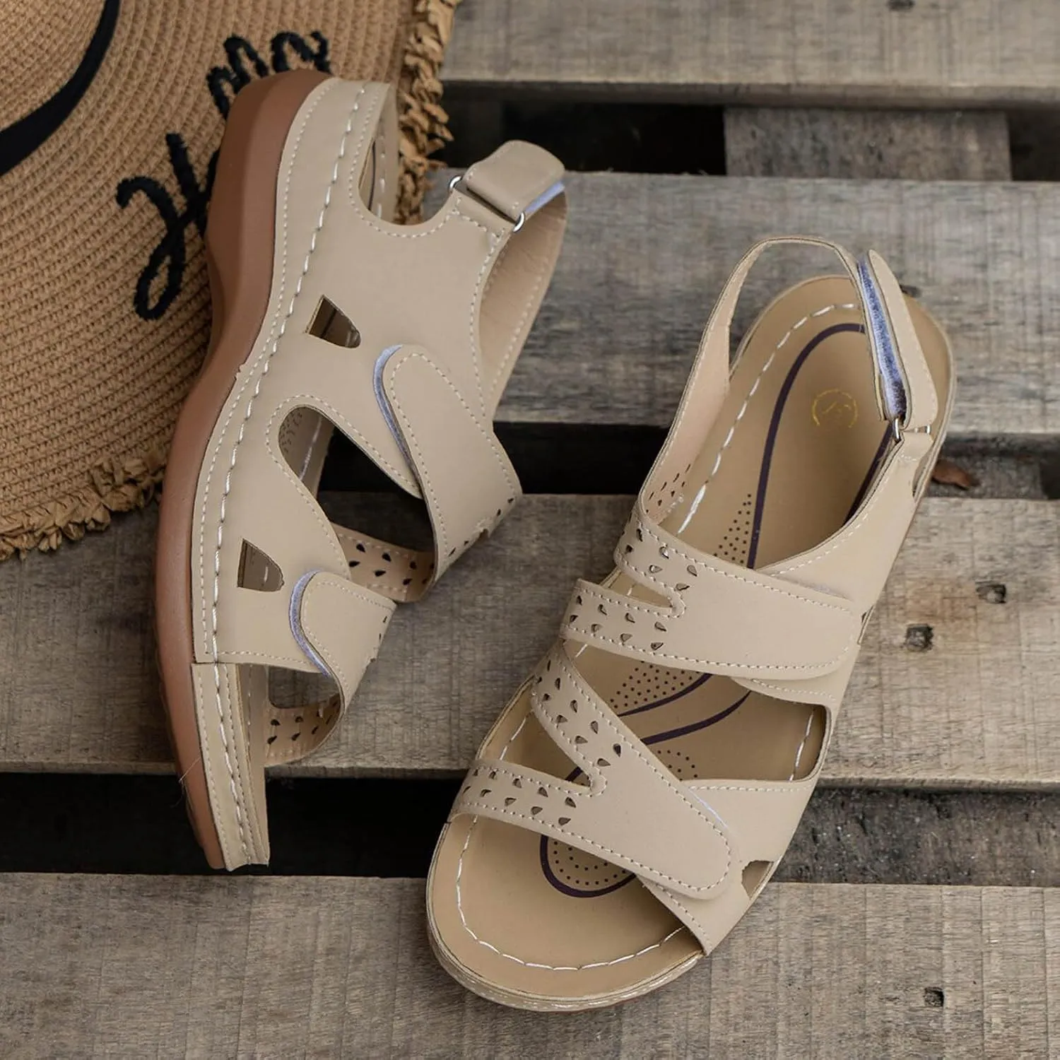 SuanlaTDS Wedge Sandals for Women Summer Dressy Open Toe Adjustable Ankle Strap Platform Comfortable Orthopedic Sandals with Arch Support Low Wedges Heels Outdoor Beach Dress Shoes