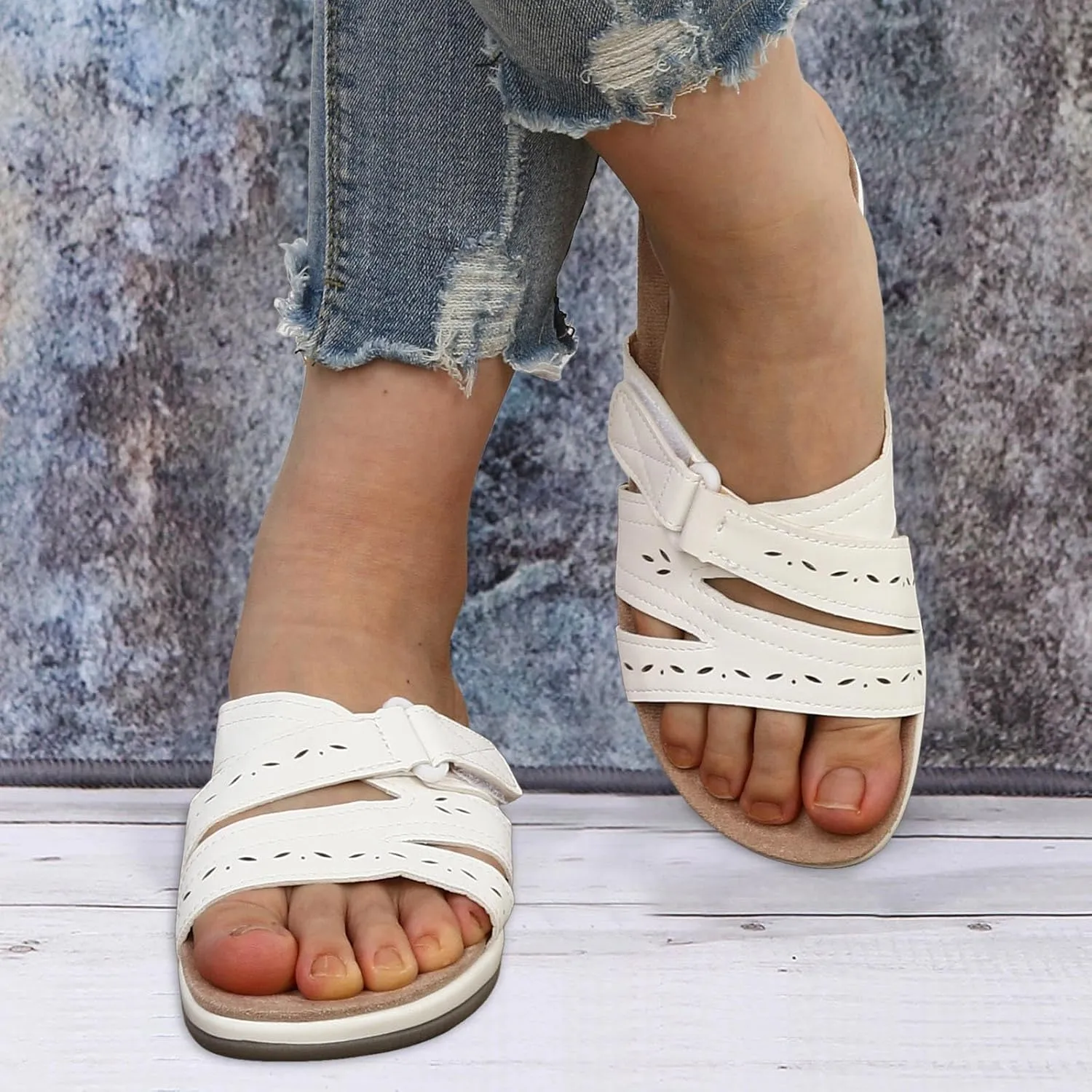 SuanlaTDS Women's Comfortable Orthopedic Sandals with Arch Support Adjustable Open Toe Orthotic Walking Shoes Flat Outdoor Casual Summer Beach Boho Platform Low Heels Slide Sandals
