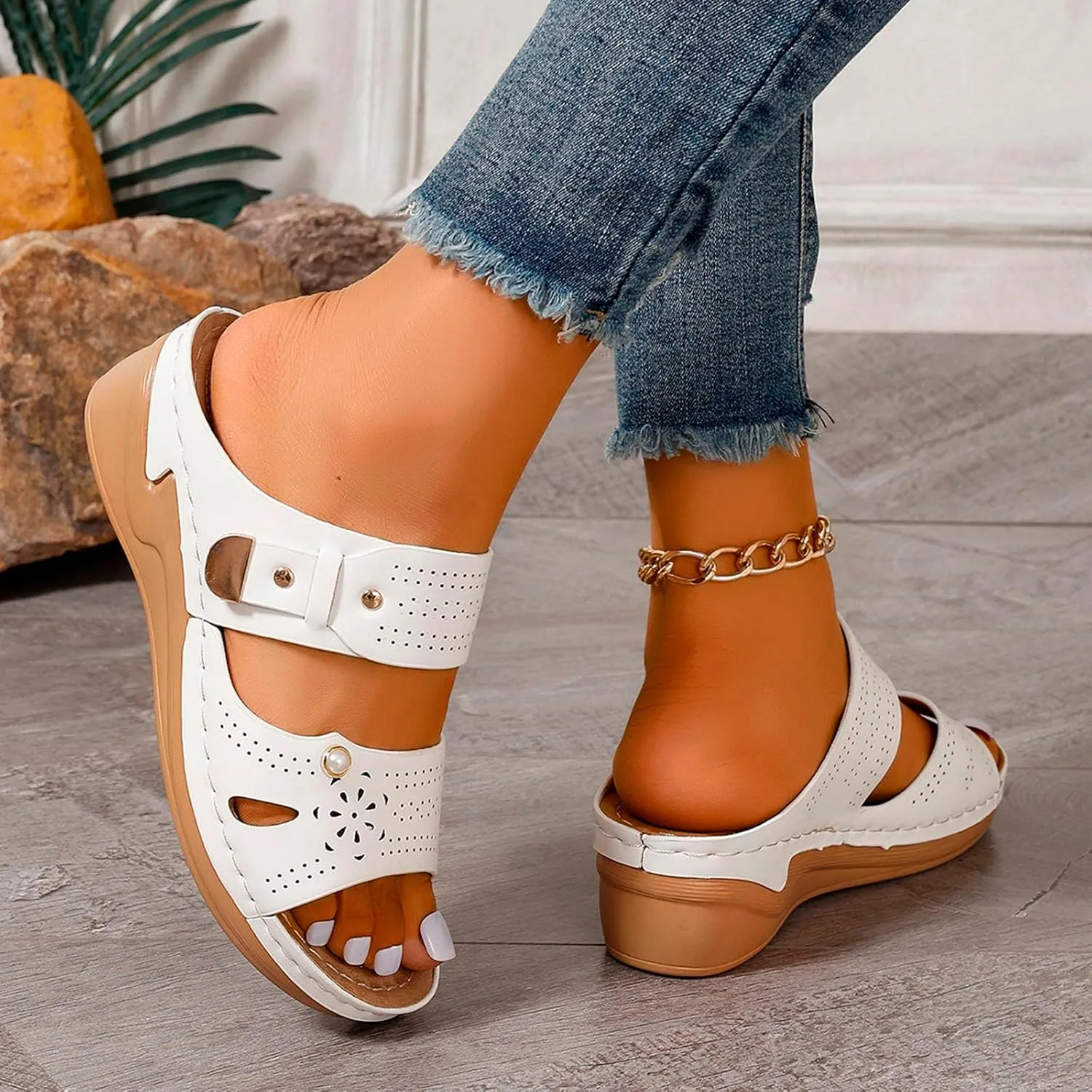 SuanlaTDS Women's Orthopedic Sandals Wedge Dressy Summer Open Toe Platform Slides Casual Slip On Beach Slippers Arch Support Comfortable Outdoor Walking Plantar Fasciitis Shoes