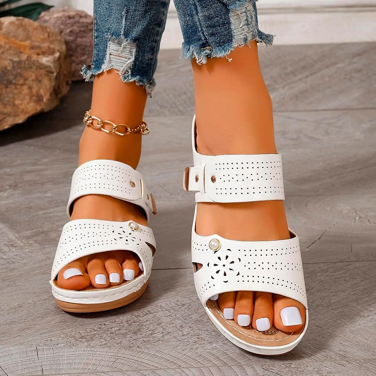SuanlaTDS Women's Orthopedic Sandals Wedge Dressy Summer Open Toe Platform Slides Casual Slip On Beach Slippers Arch Support Comfortable Outdoor Walking Plantar Fasciitis Shoes