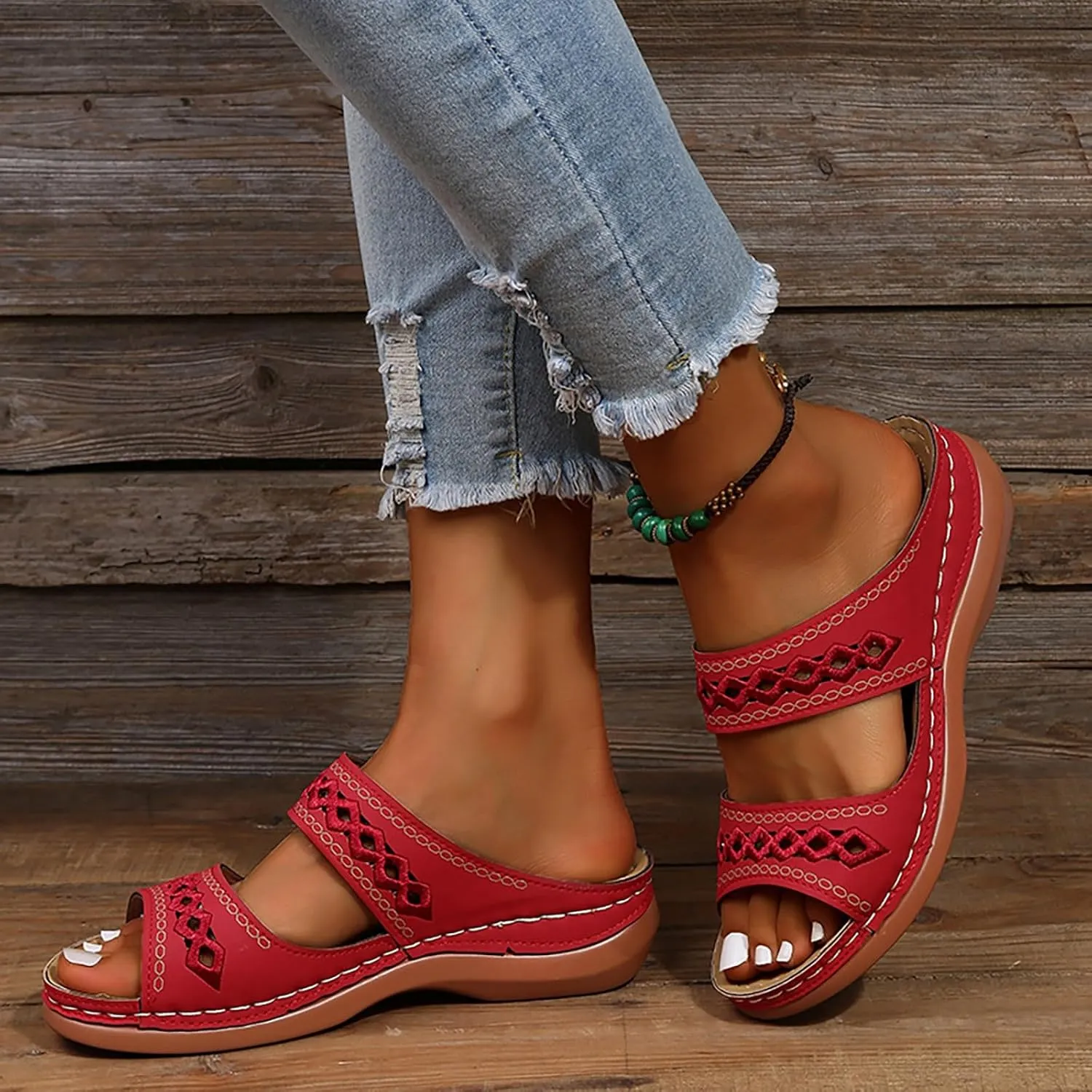 SuanlaTDS Womens Platform Sandals Comfortable Open Toe Slip on Wedges Slides Orthopedic Sandals with Arch Support Soft Sole Casual Summer Beach Low Heels Wedge Walking Sandals