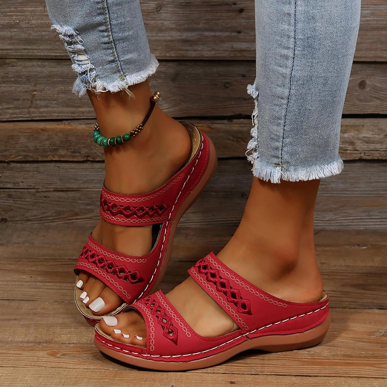 SuanlaTDS Womens Platform Sandals Comfortable Open Toe Slip on Wedges Slides Orthopedic Sandals with Arch Support Soft Sole Casual Summer Beach Low Heels Wedge Walking Sandals