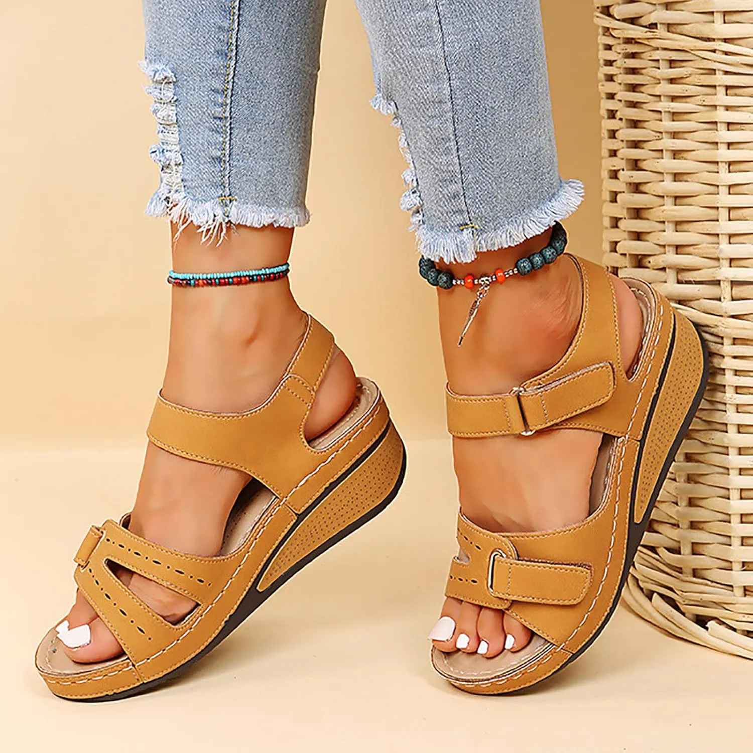 SuanlaTDS Womens Sandals Wedge Platform Orthopedic Arch Support Adjustable Ankle Strap Comfortable Dressy Summer 2025 Open Toe Walking Beach Shoes Breathable Outdoor Flat Low Heel Wedges Sandal
