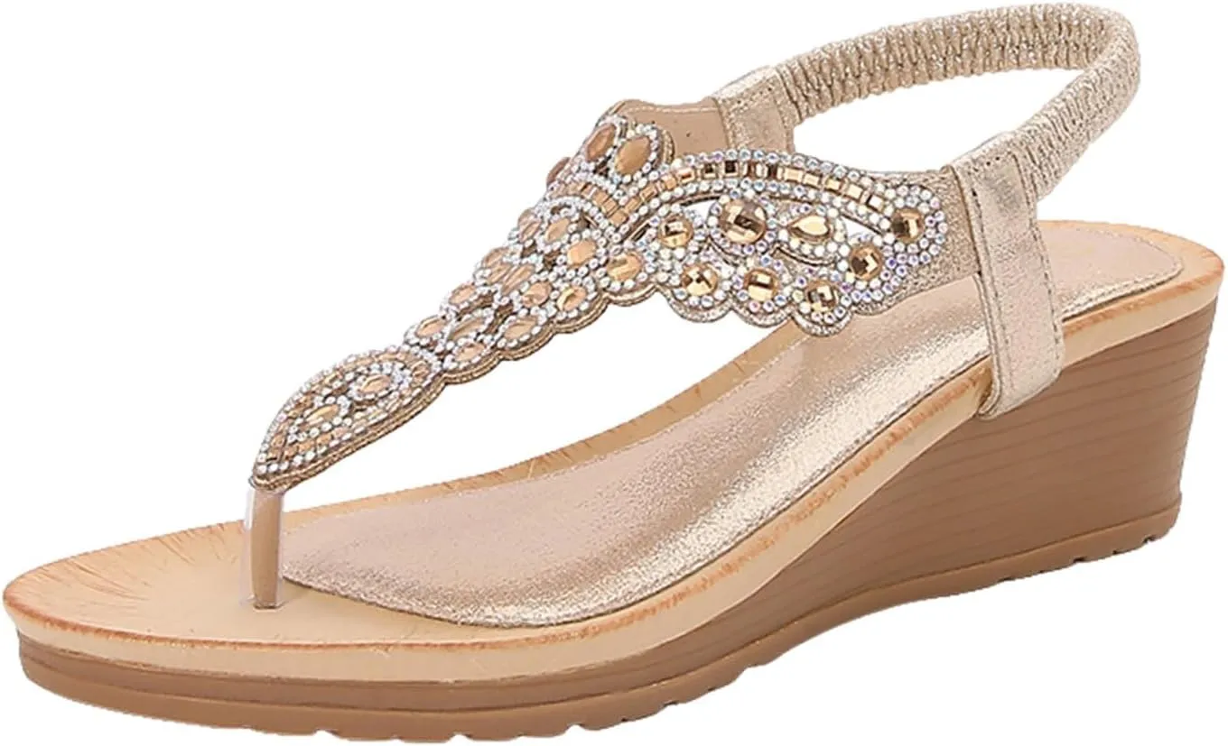 SuanlaTDS Womens Wedge Sandals Comfortable Rhinestones Open Toe Thong Flip Flops Platform High Heel Wedges Elastic Ankle Strap Slip On Slide Sandals Bohemian Summer Beach Dress Shoes