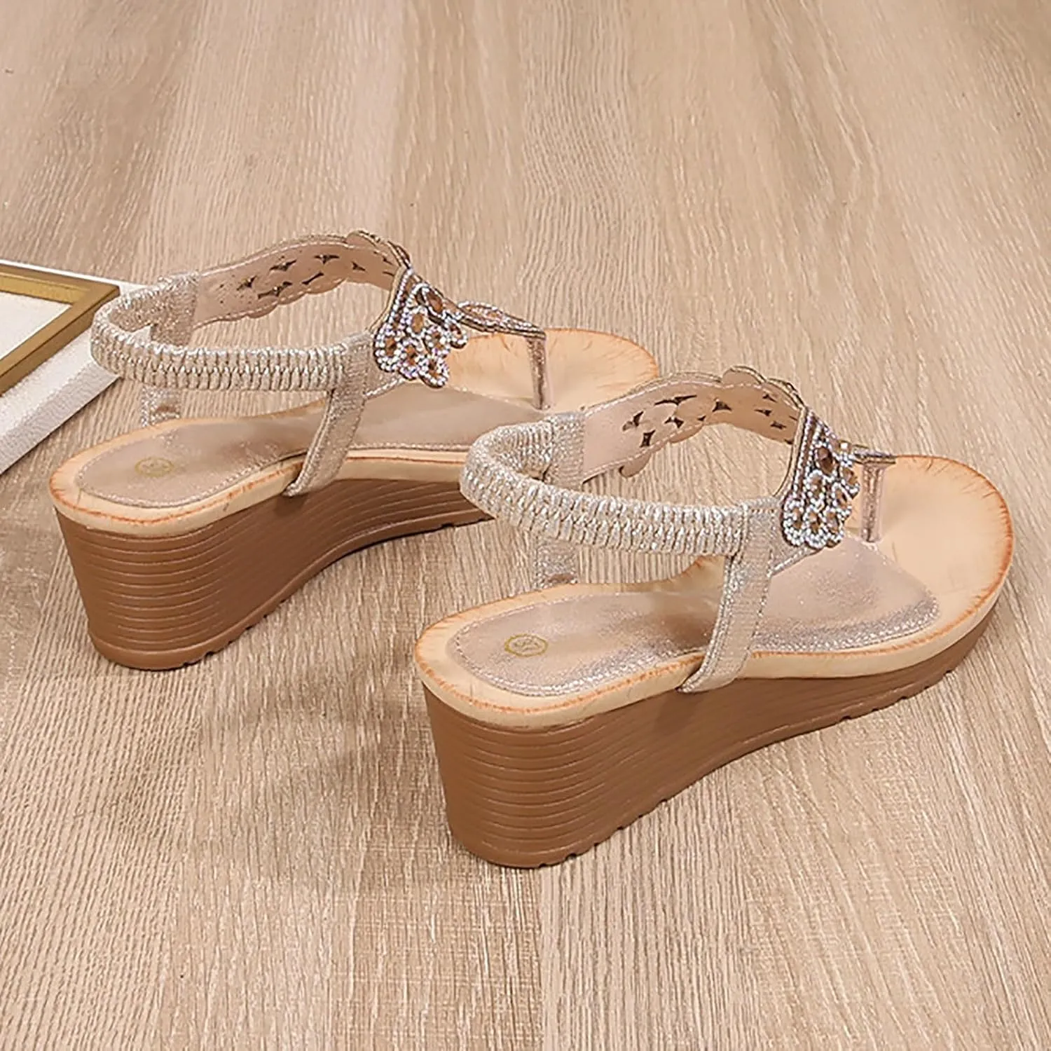 SuanlaTDS Womens Wedge Sandals Comfortable Rhinestones Open Toe Thong Flip Flops Platform High Heel Wedges Elastic Ankle Strap Slip On Slide Sandals Bohemian Summer Beach Dress Shoes