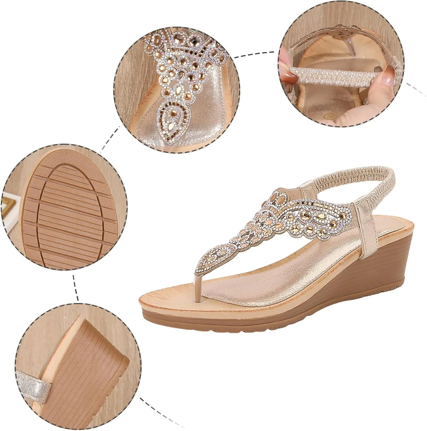 SuanlaTDS Womens Wedge Sandals Comfortable Rhinestones Open Toe Thong Flip Flops Platform High Heel Wedges Elastic Ankle Strap Slip On Slide Sandals Bohemian Summer Beach Dress Shoes