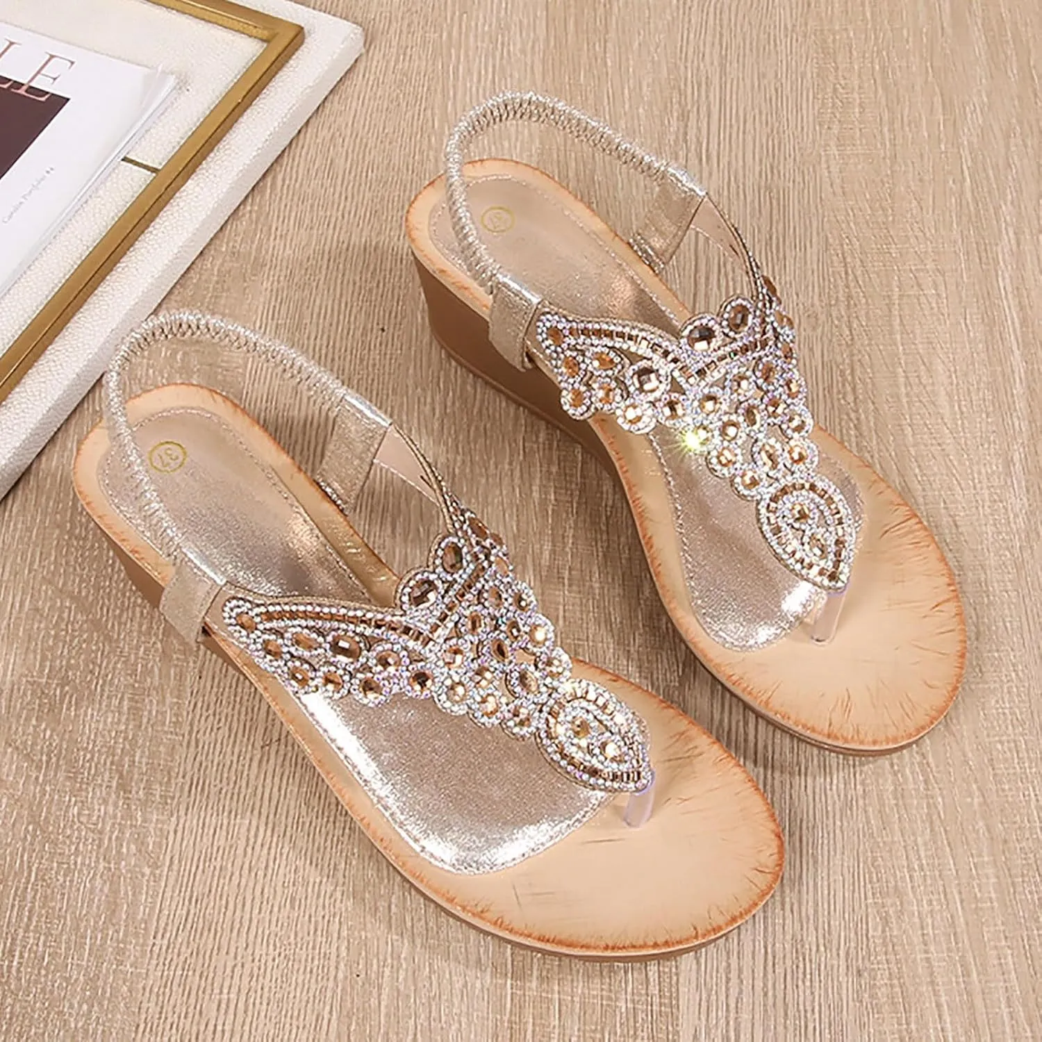 SuanlaTDS Womens Wedge Sandals Comfortable Rhinestones Open Toe Thong Flip Flops Platform High Heel Wedges Elastic Ankle Strap Slip On Slide Sandals Bohemian Summer Beach Dress Shoes