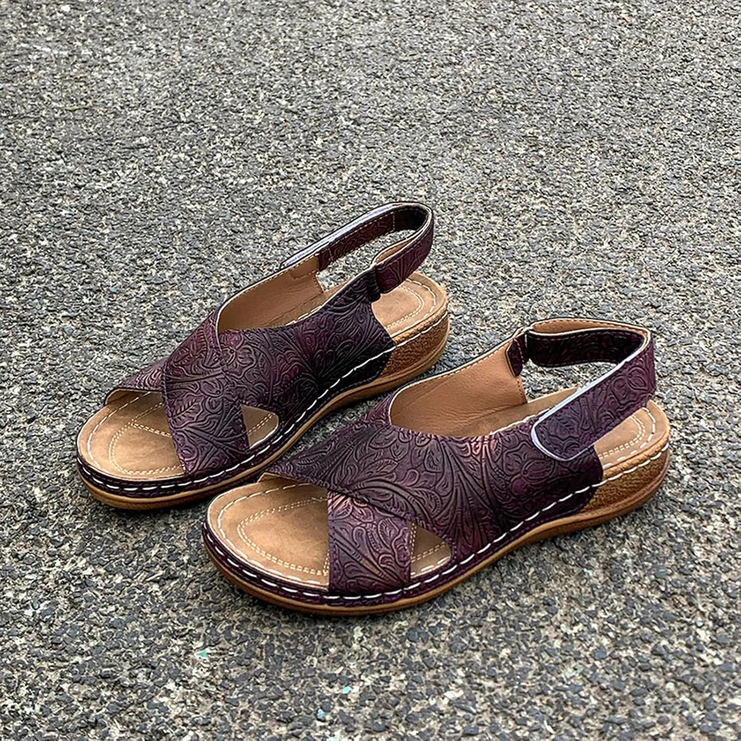 SuanlaTDS Womens Wedge Sandals Comfortable Summer Walking Shoes Crisscross Open Toe Hook & Loop Closure Ankle Strap Dressy Casual Wedges Low Heels Orthopedic Sandal with Arch Support