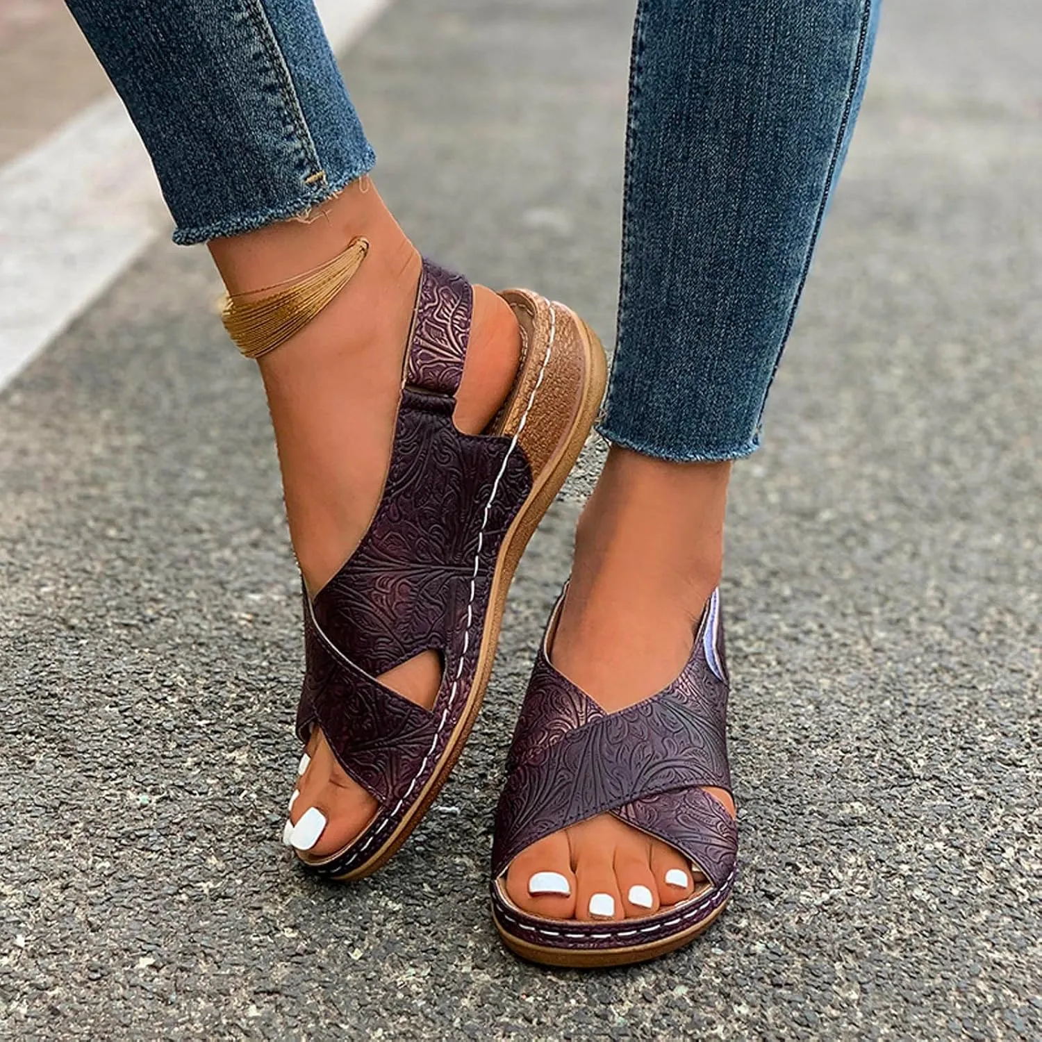 SuanlaTDS Womens Wedge Sandals Comfortable Summer Walking Shoes Crisscross Open Toe Hook & Loop Closure Ankle Strap Dressy Casual Wedges Low Heels Orthopedic Sandal with Arch Support