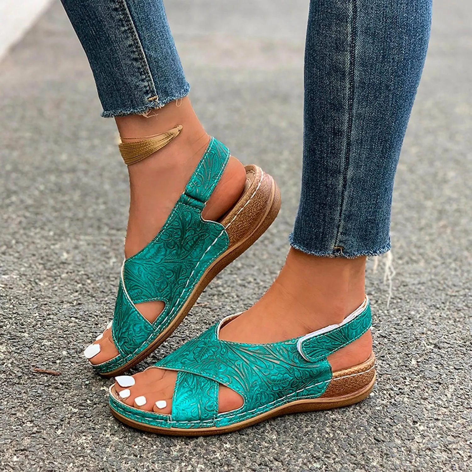 SuanlaTDS Womens Wedge Sandals Comfortable Summer Walking Shoes Crisscross Open Toe Hook & Loop Closure Ankle Strap Dressy Casual Wedges Low Heels Orthopedic Sandal with Arch Support