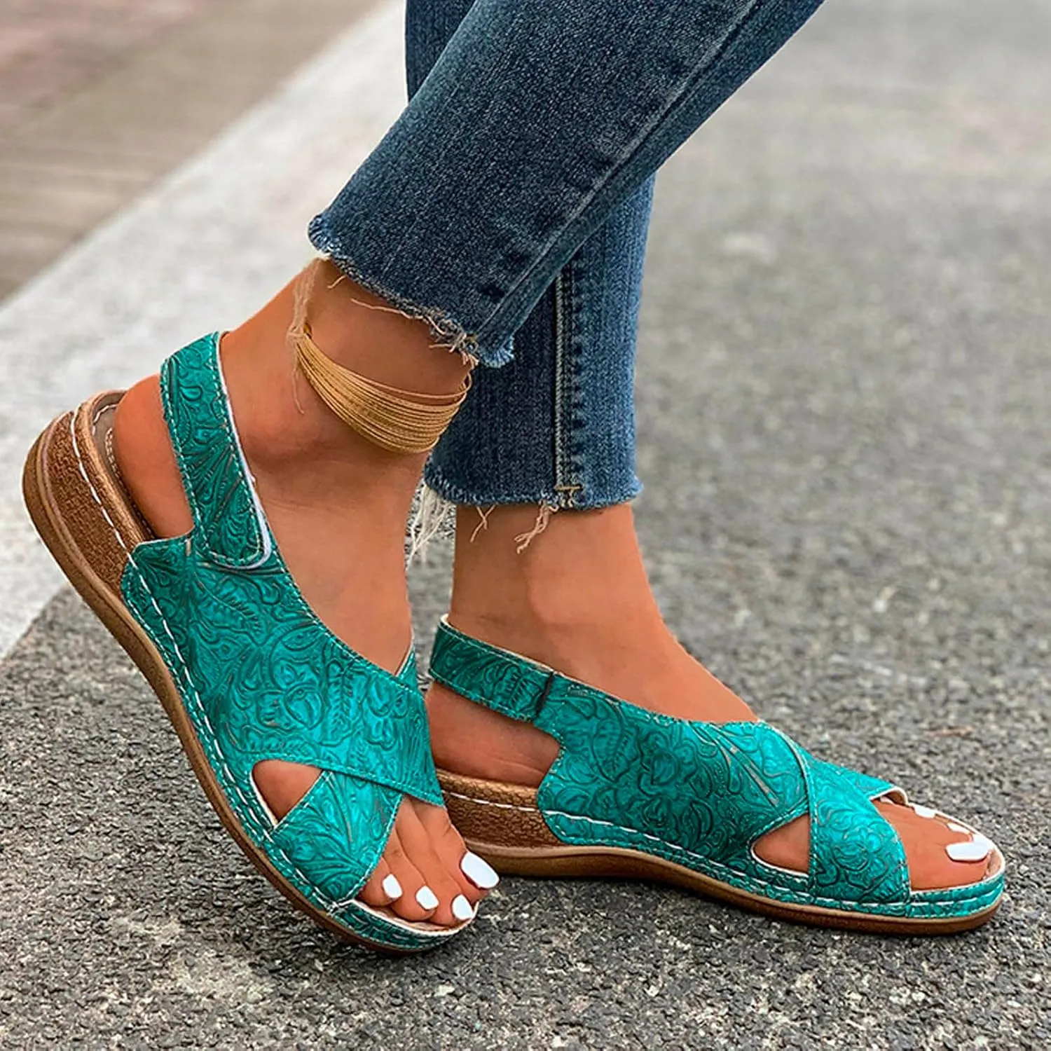 SuanlaTDS Womens Wedge Sandals Comfortable Summer Walking Shoes Crisscross Open Toe Hook & Loop Closure Ankle Strap Dressy Casual Wedges Low Heels Orthopedic Sandal with Arch Support