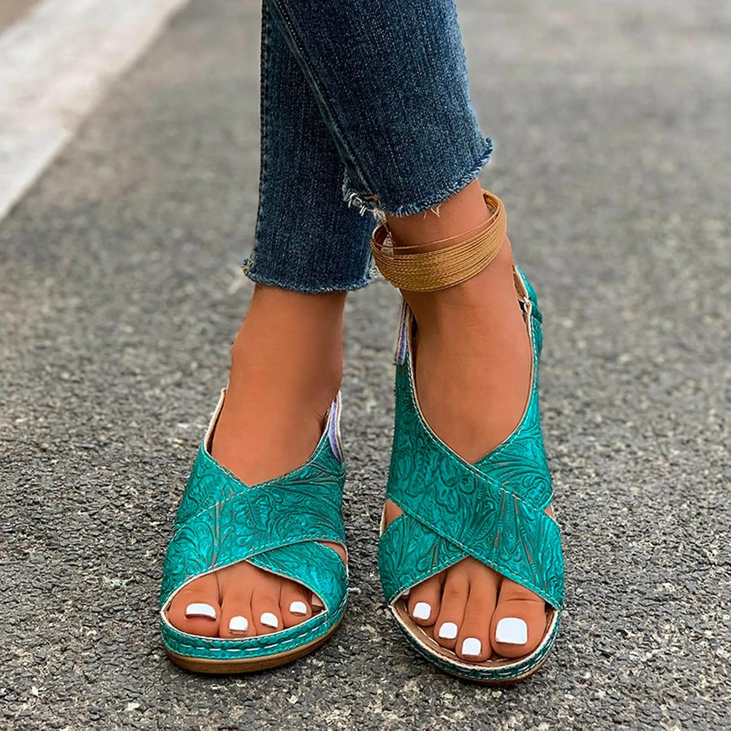 SuanlaTDS Womens Wedge Sandals Comfortable Summer Walking Shoes Crisscross Open Toe Hook & Loop Closure Ankle Strap Dressy Casual Wedges Low Heels Orthopedic Sandal with Arch Support