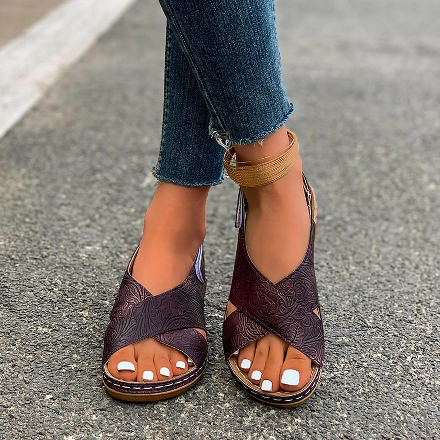 SuanlaTDS Womens Wedge Sandals Comfortable Summer Walking Shoes Crisscross Open Toe Hook & Loop Closure Ankle Strap Dressy Casual Wedges Low Heels Orthopedic Sandal with Arch Support