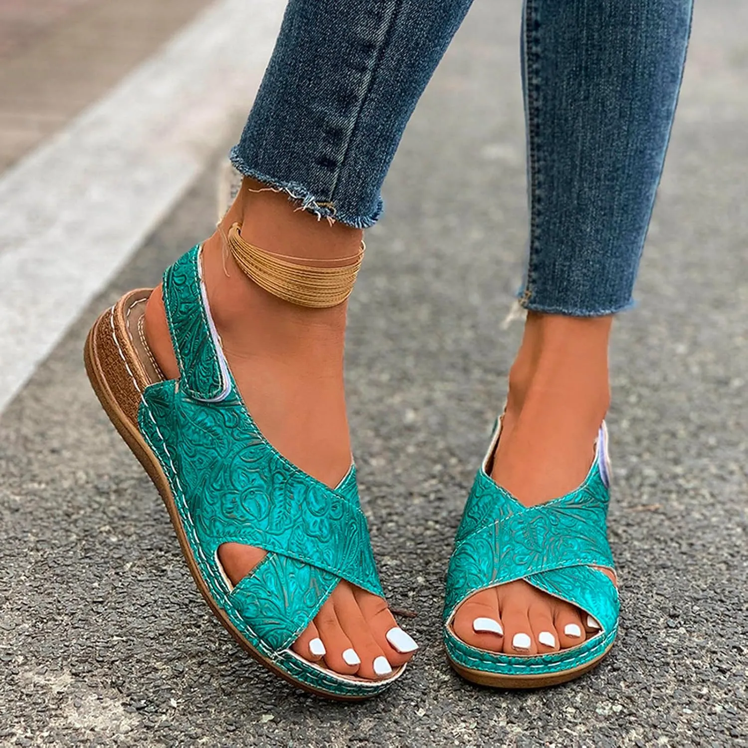SuanlaTDS Womens Wedge Sandals Comfortable Summer Walking Shoes Crisscross Open Toe Hook & Loop Closure Ankle Strap Dressy Casual Wedges Low Heels Orthopedic Sandal with Arch Support