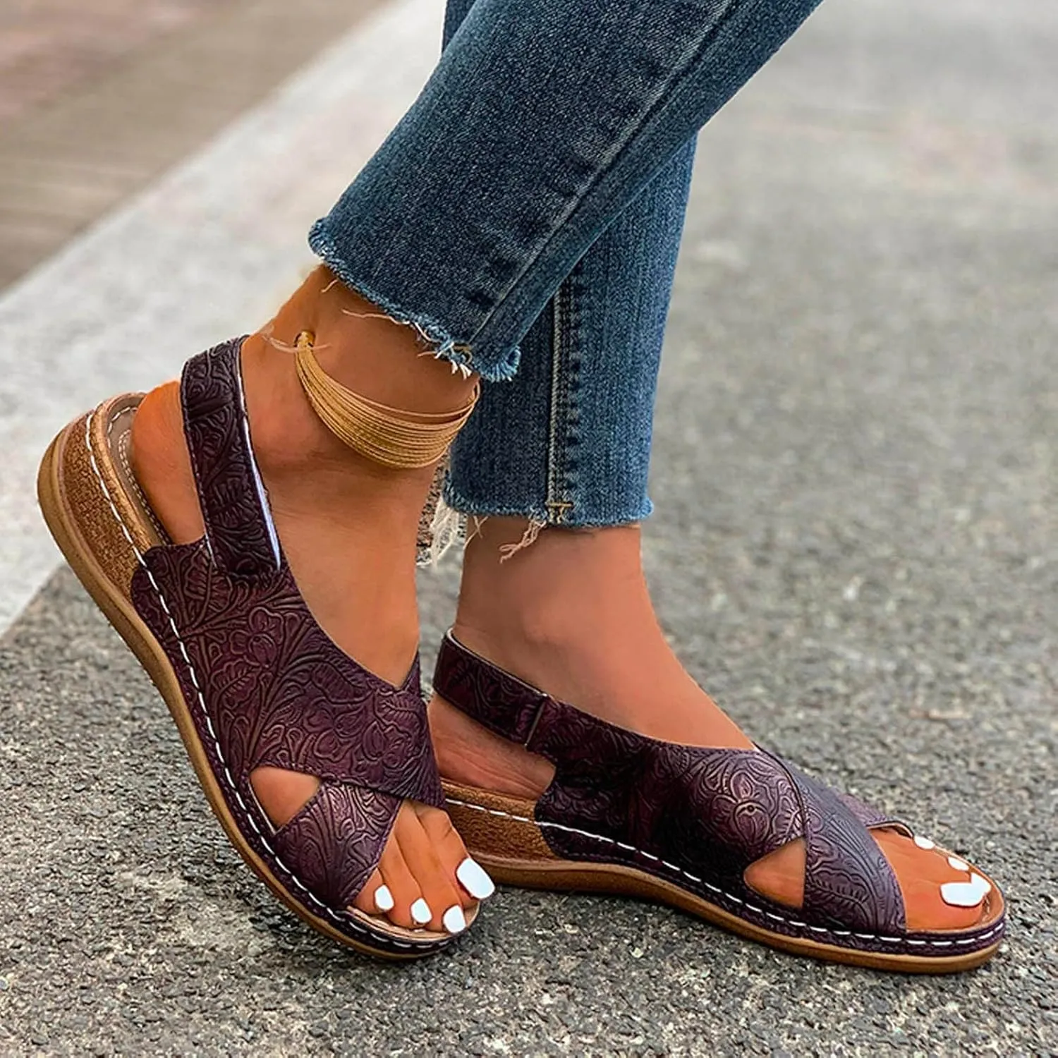 SuanlaTDS Womens Wedge Sandals Comfortable Summer Walking Shoes Crisscross Open Toe Hook & Loop Closure Ankle Strap Dressy Casual Wedges Low Heels Orthopedic Sandal with Arch Support