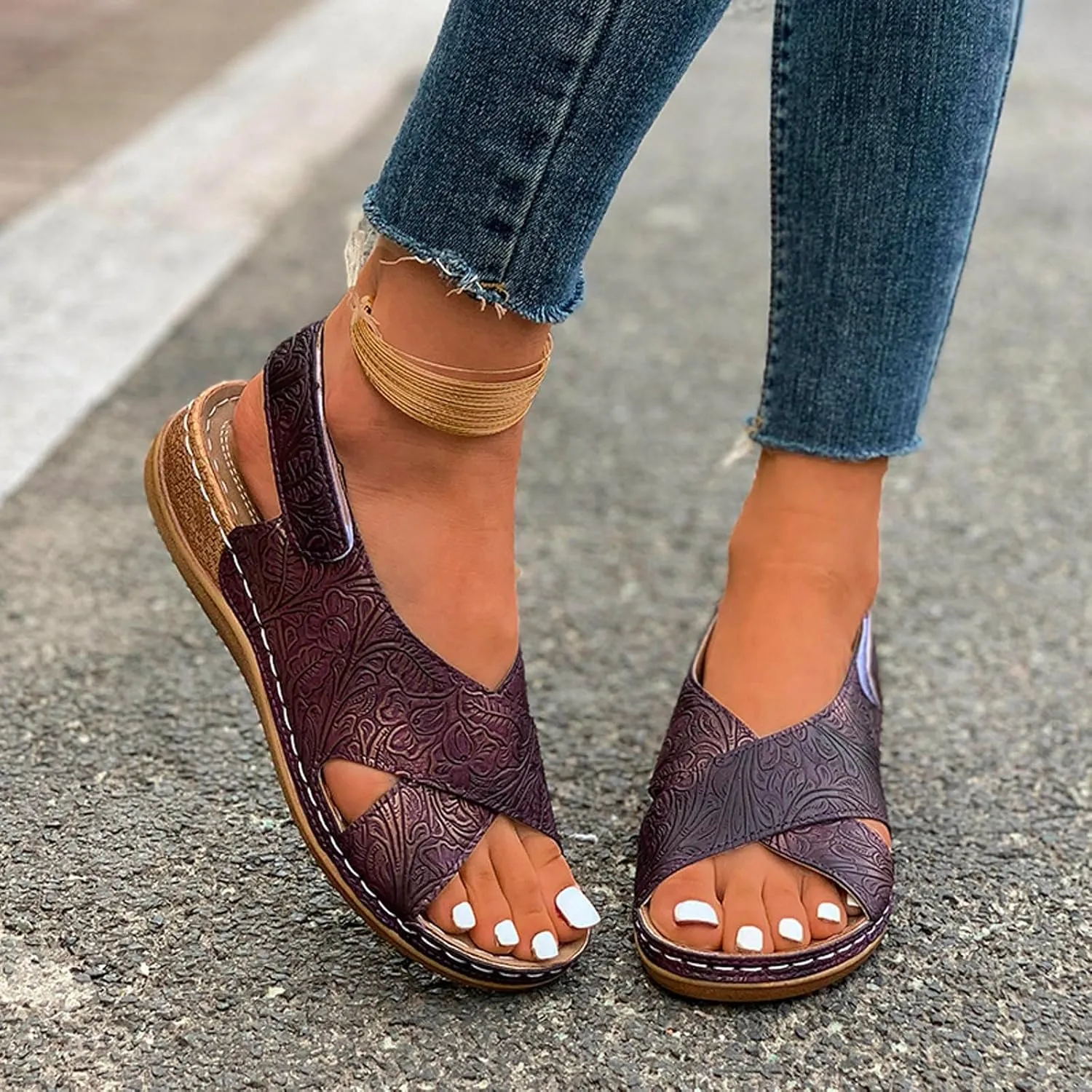 SuanlaTDS Womens Wedge Sandals Comfortable Summer Walking Shoes Crisscross Open Toe Hook & Loop Closure Ankle Strap Dressy Casual Wedges Low Heels Orthopedic Sandal with Arch Support