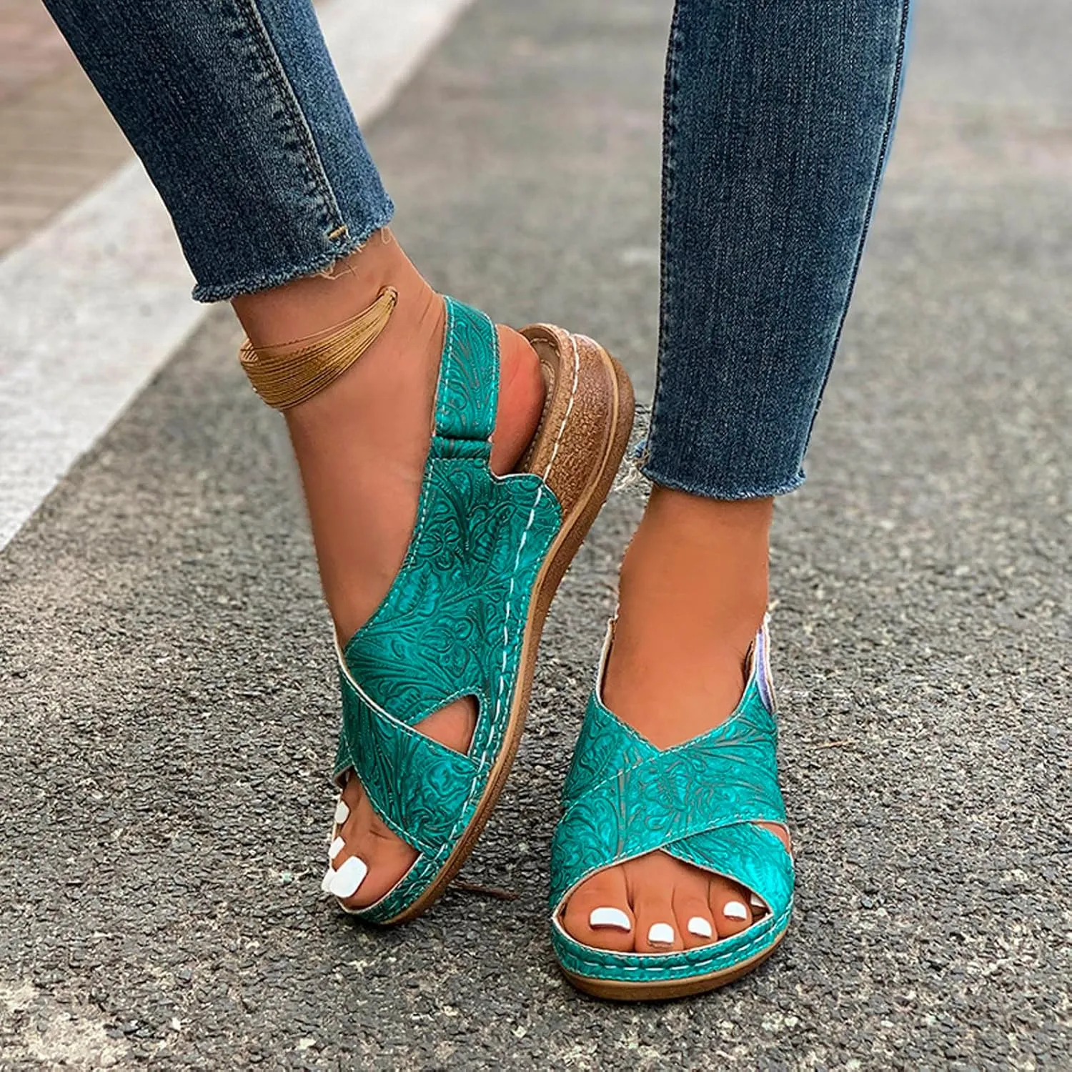 SuanlaTDS Womens Wedge Sandals Comfortable Summer Walking Shoes Crisscross Open Toe Hook & Loop Closure Ankle Strap Dressy Casual Wedges Low Heels Orthopedic Sandal with Arch Support