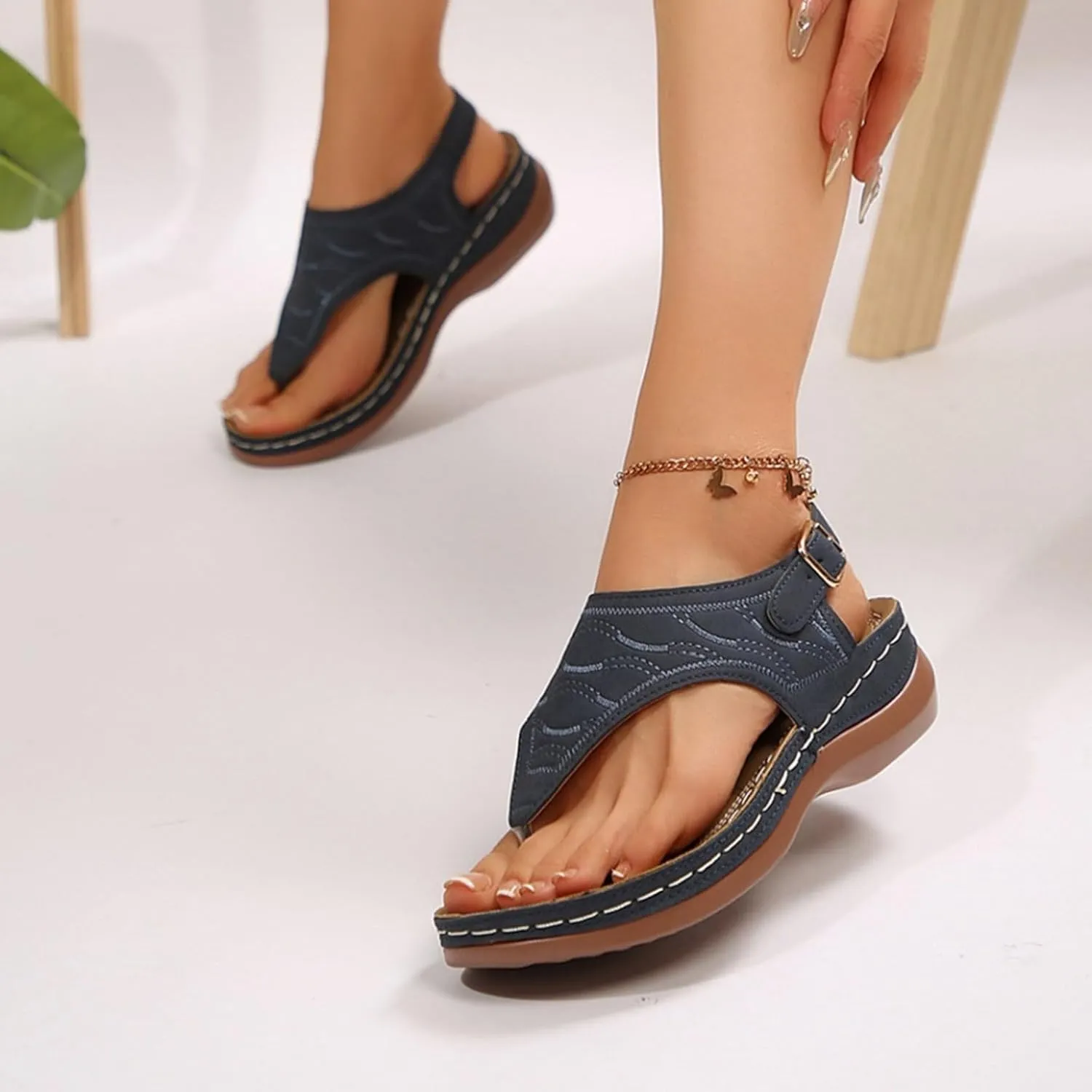 SuanlaTDS Womens Wedge Sandals Orthopedic Flip Flops Summer Dressy, Platform Walking Slippers with Arch Support Flat Open Toe Buckle Ankle Strap 2025 Casual Comfortable Beach Dress Shoes