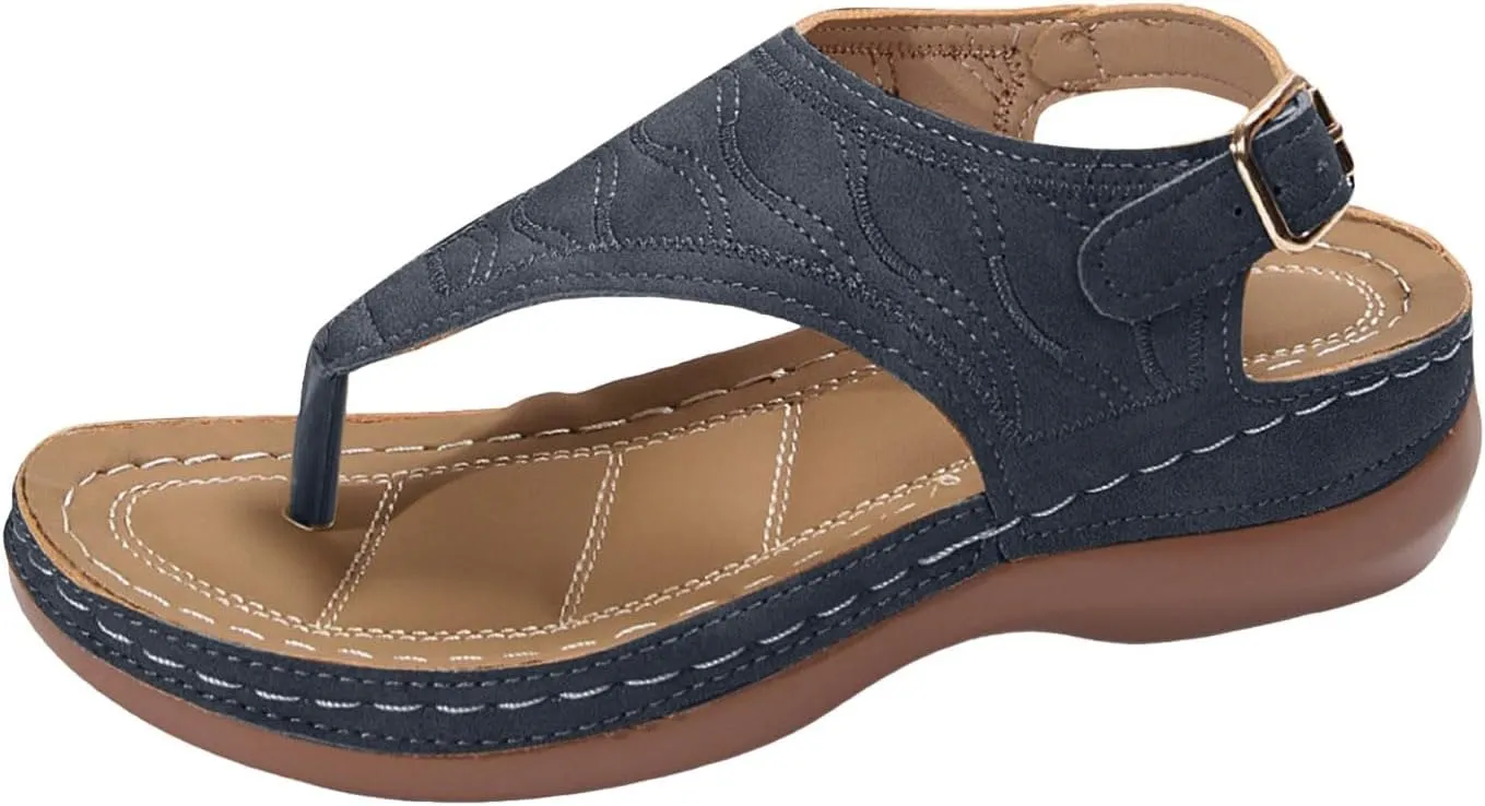 SuanlaTDS Womens Wedge Sandals Orthopedic Flip Flops Summer Dressy, Platform Walking Slippers with Arch Support Flat Open Toe Buckle Ankle Strap 2025 Casual Comfortable Beach Dress Shoes