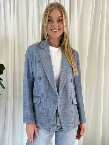 Suede Double Breasted Jacket - Blue Check