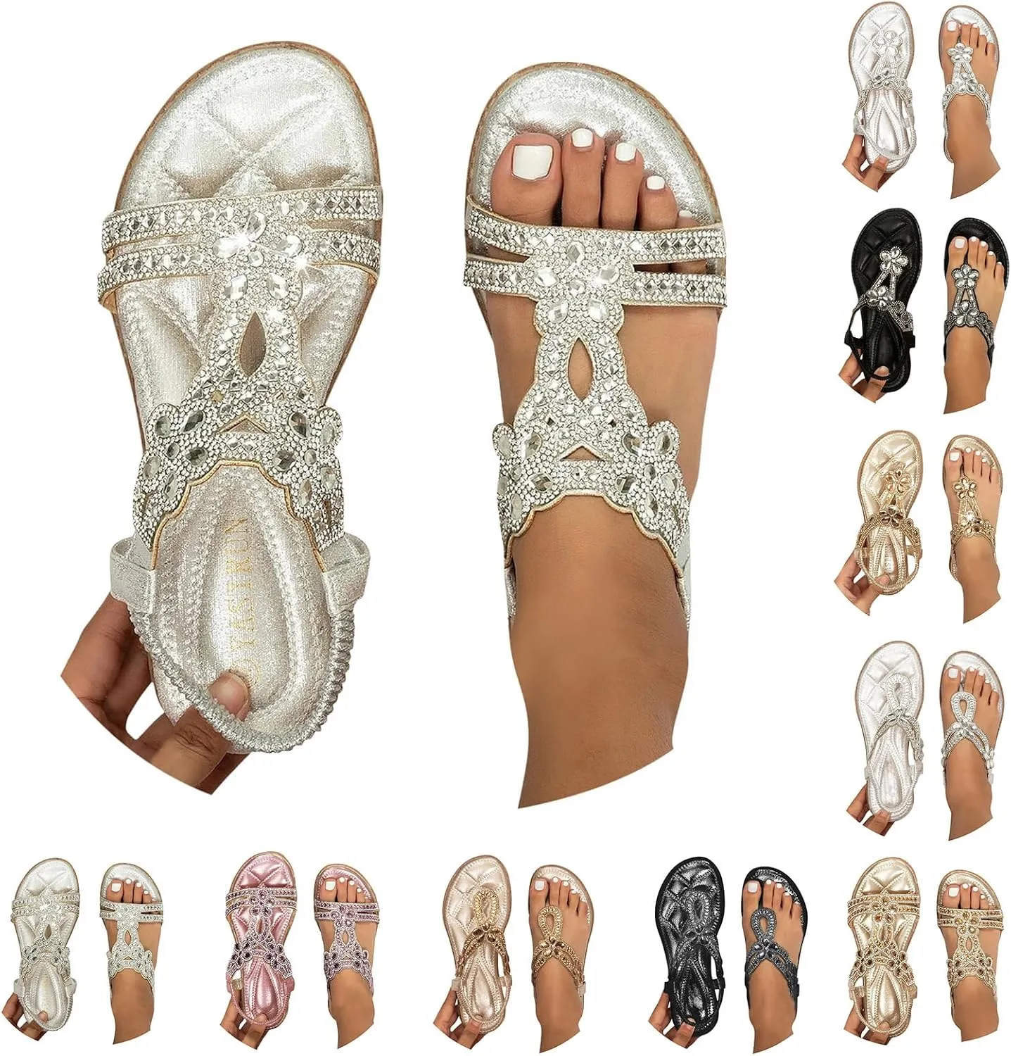 Summer Beach Sandals for Women Comfortable T Strap Slip-On Shoes Casual Bohemian Walking Sandal Dressy Bling Sparkly Thong Sandals Strappy Vacation Flat Shoes