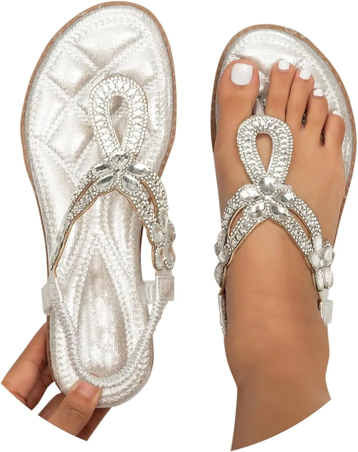 Summer Beach Sandals for Women Comfortable T Strap Slip-On Shoes Casual Bohemian Walking Sandal Dressy Bling Sparkly Thong Sandals Strappy Vacation Flat Shoes