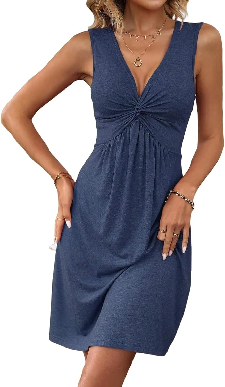 Summer Dresses for Women 2025 V Neck Front Knotted Dresses Sleeveless Mini/Midi Dress Elegant Club Party Tunic Dress
