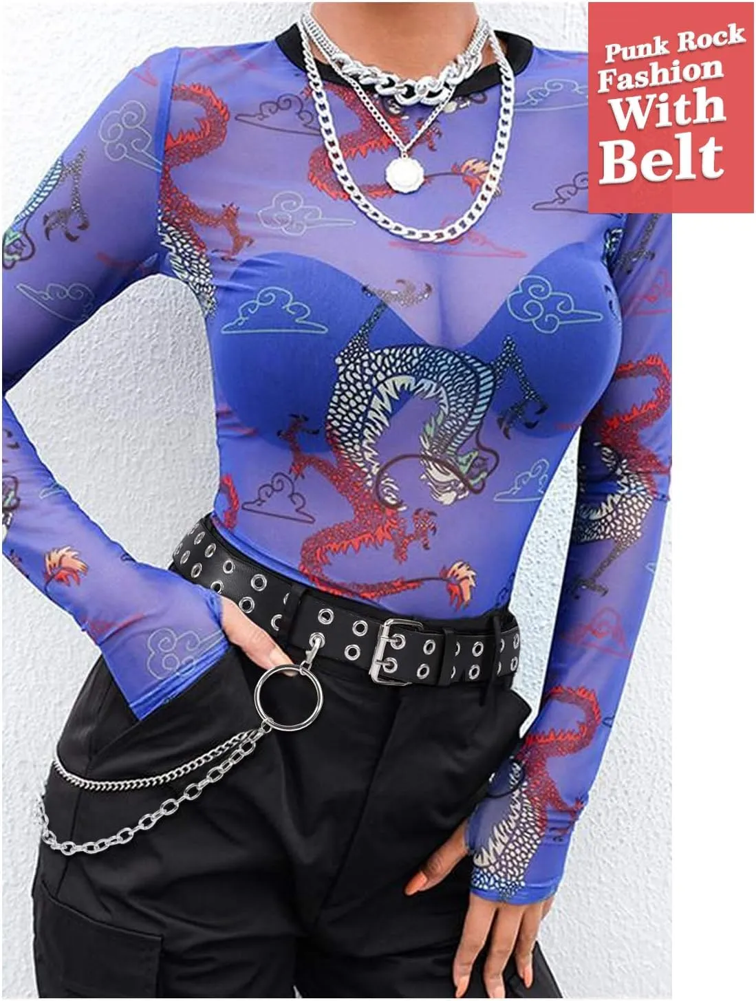 SUOSDEY Double Grommet Leather Belt with Detachable Chain for Women Men,Punk Black Belt with Double Studded Holes for Jeans