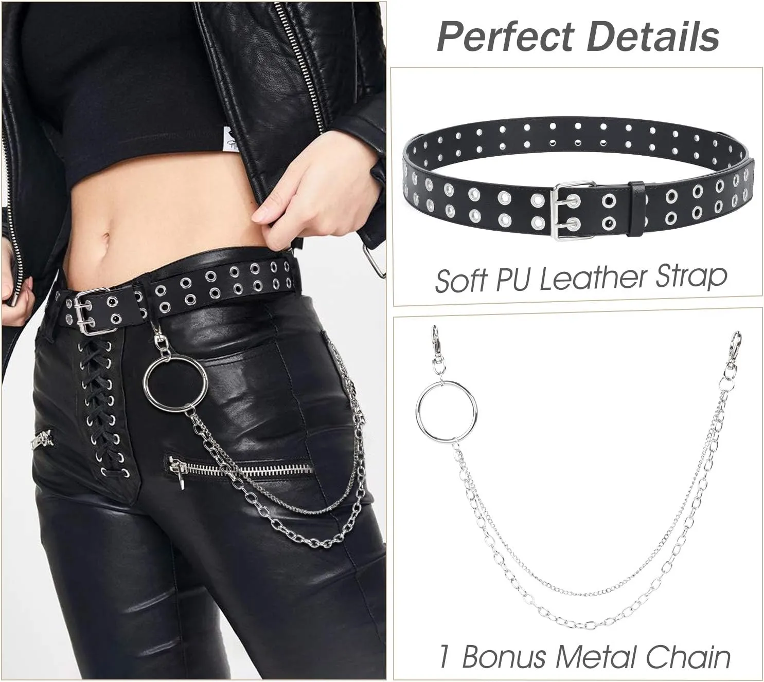 SUOSDEY Double Grommet Leather Belt with Detachable Chain for Women Men,Punk Black Belt with Double Studded Holes for Jeans