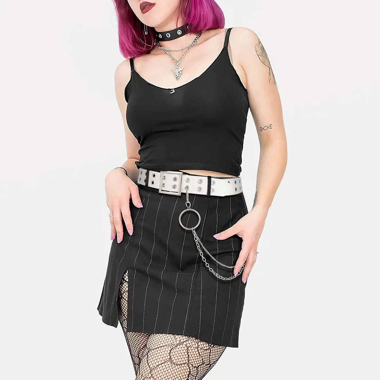 SUOSDEY Double Grommet Leather Belt with Detachable Chain for Women Men,Punk Black Belt with Double Studded Holes for Jeans