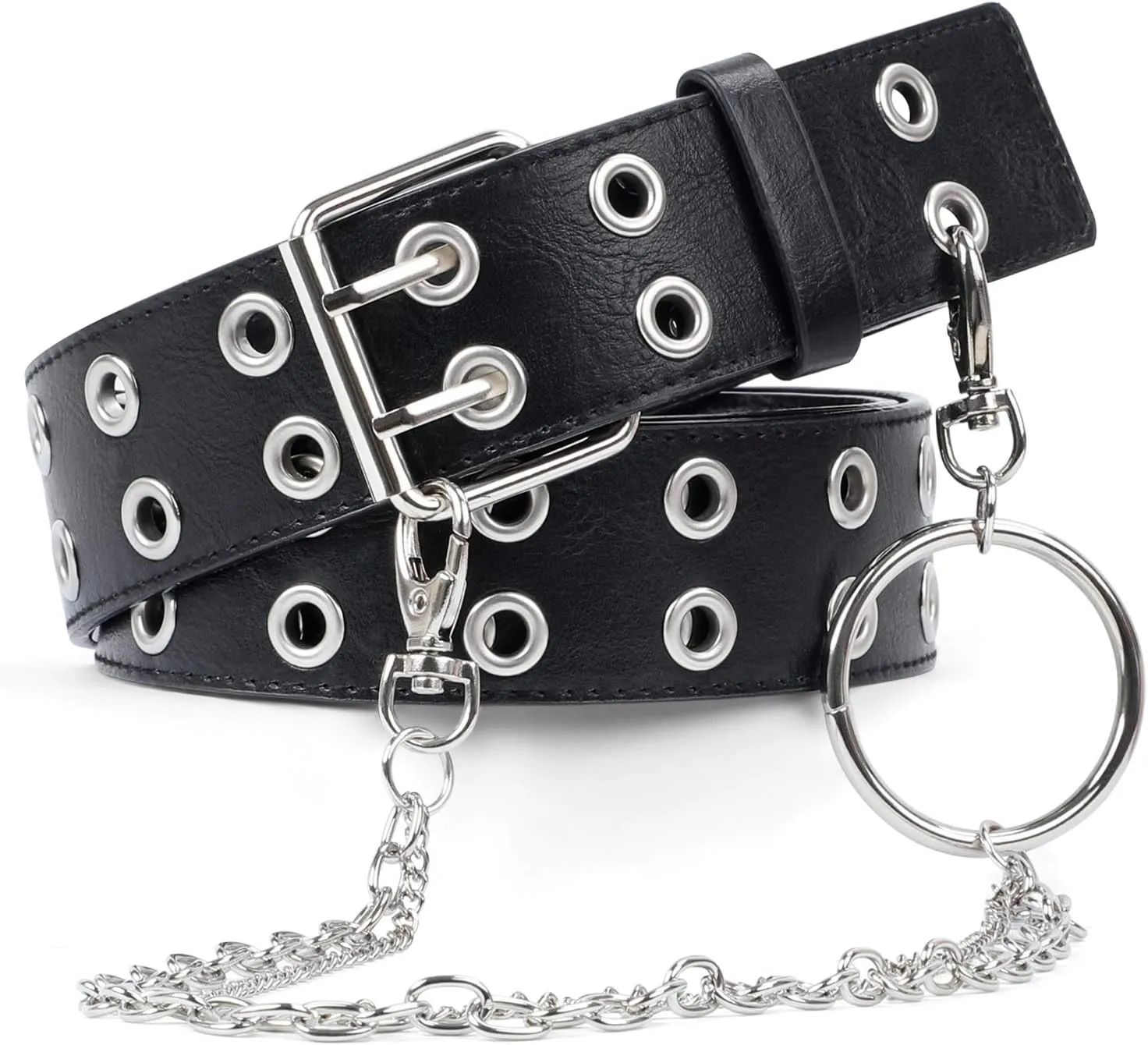 SUOSDEY Double Grommet Leather Belt with Detachable Chain for Women Men,Punk Black Belt with Double Studded Holes for Jeans