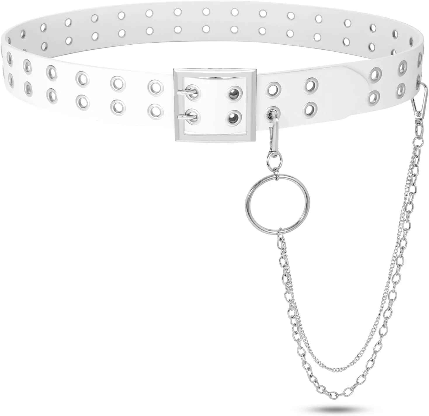 SUOSDEY Double Grommet Leather Belt with Detachable Chain for Women Men,Punk Black Belt with Double Studded Holes for Jeans