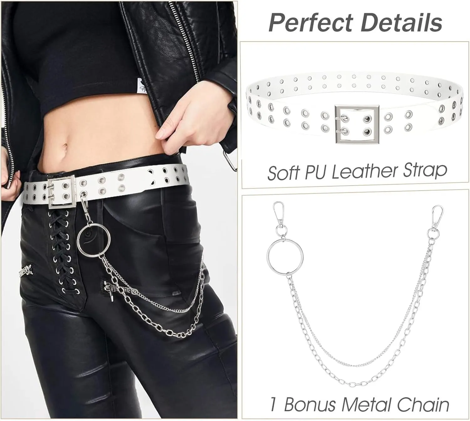 SUOSDEY Double Grommet Leather Belt with Detachable Chain for Women Men,Punk Black Belt with Double Studded Holes for Jeans