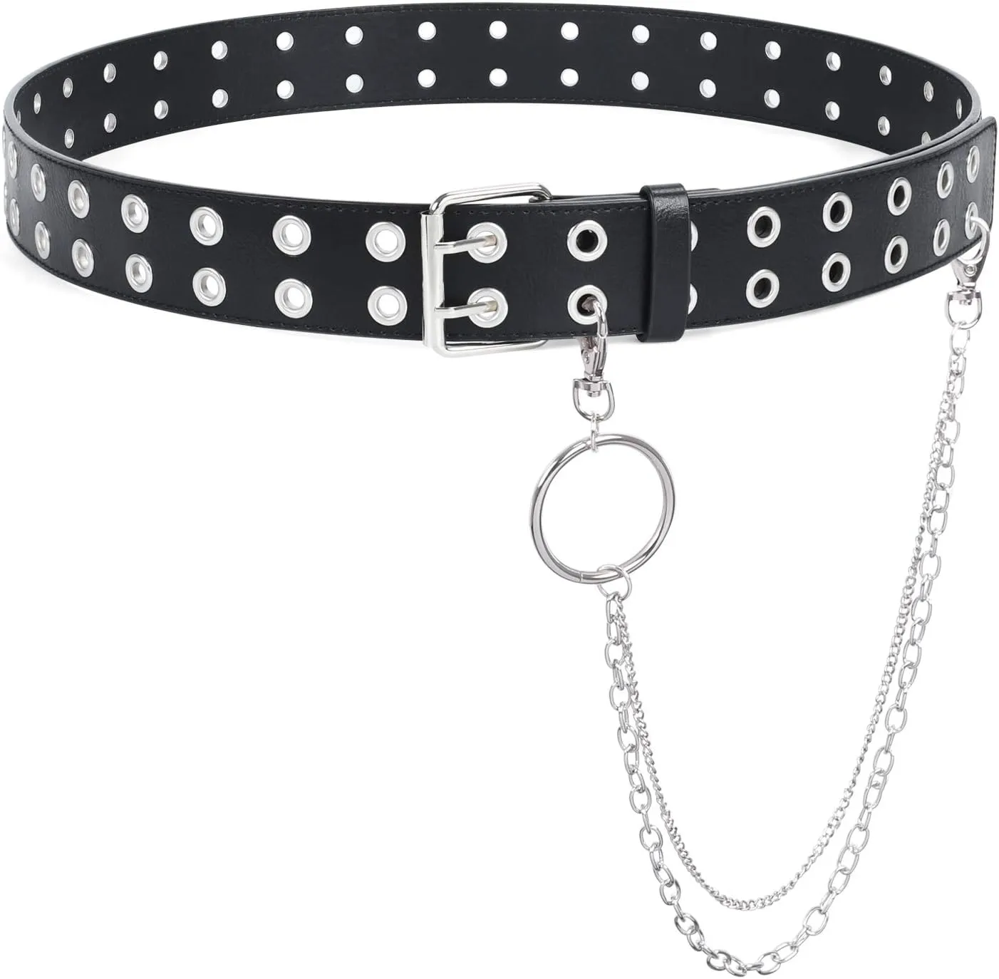 SUOSDEY Double Grommet Leather Belt with Detachable Chain for Women Men,Punk Black Belt with Double Studded Holes for Jeans