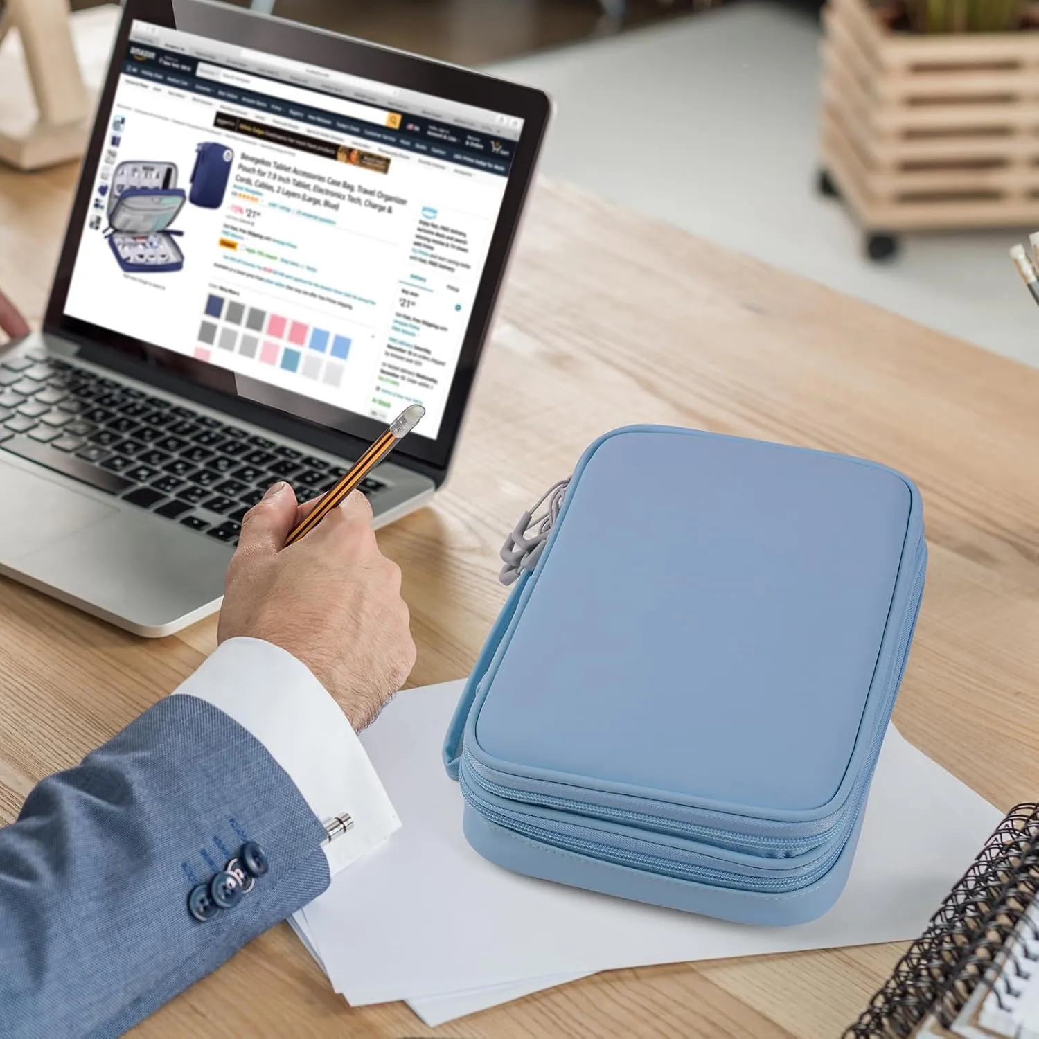 Tablet Accessories Case Bag, Travel Large Electronics Organizer for Chargers & Cords, Cables, 7.9 Inch Tablet, Airplane Essentials, 2 Layers (Misty Blue)